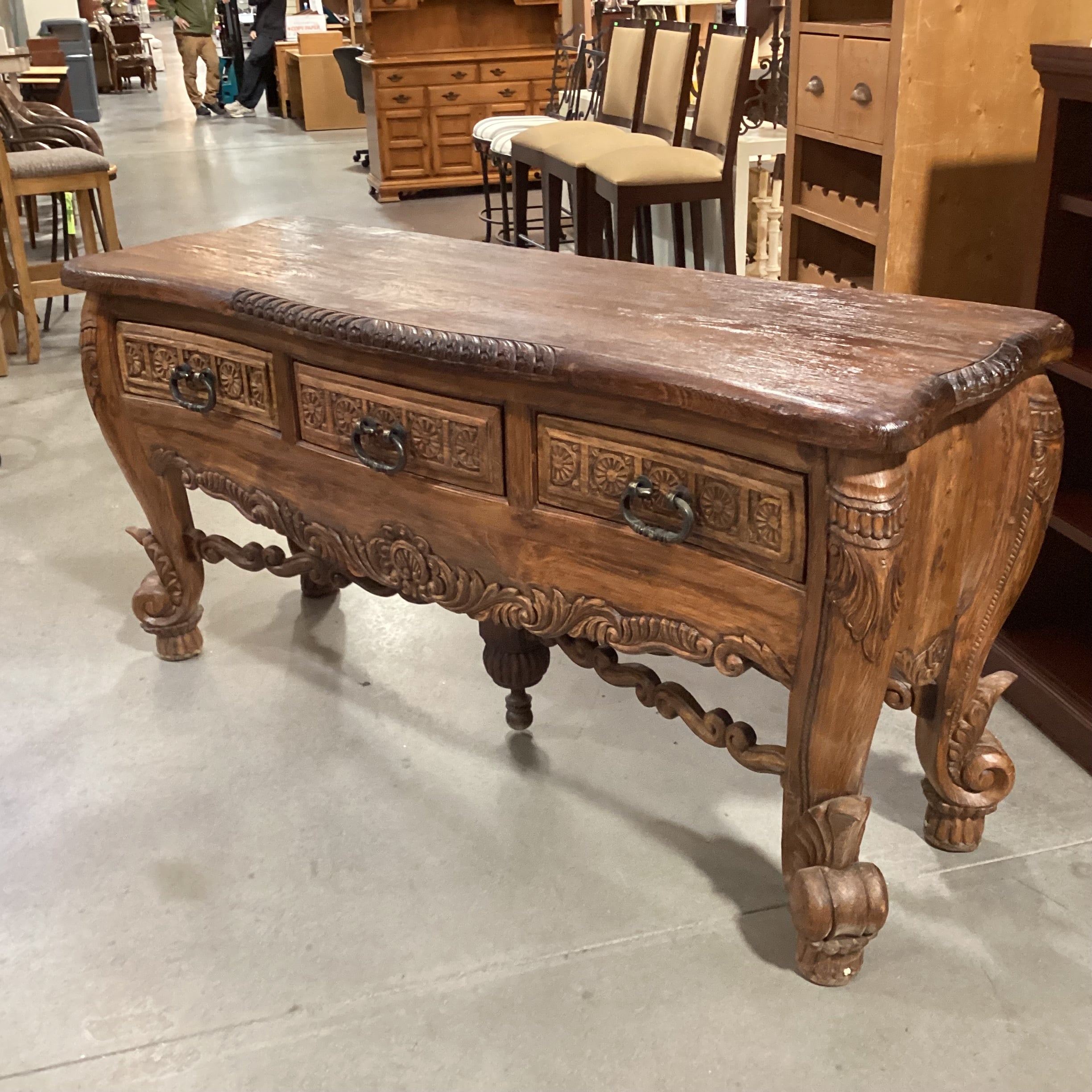 Rustic Western Hand Carved Solid Wood with Ornate Trestle 3 Drawer Accent Table 72"x 24"x 35.5"