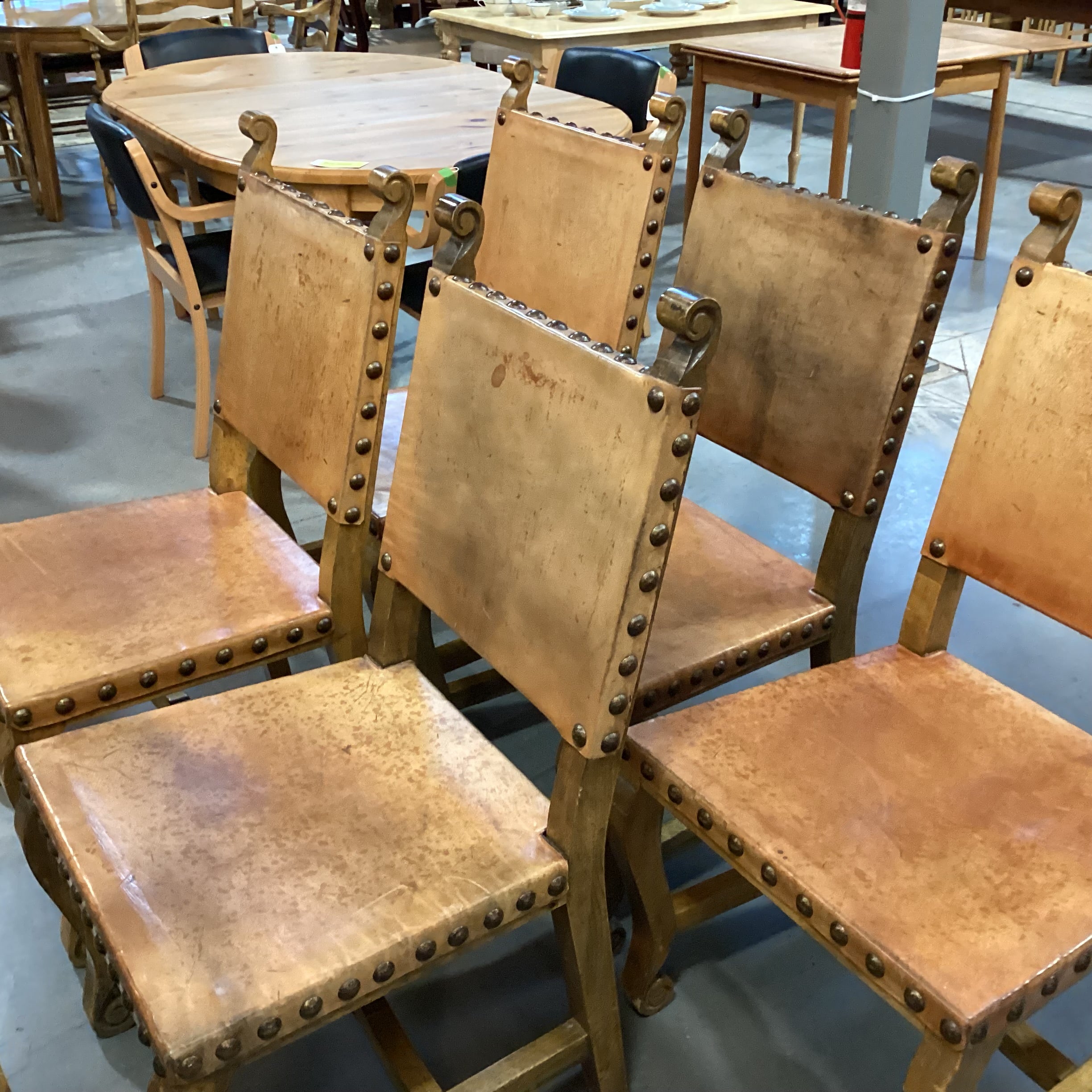 Set of 7 Carved Wood & Leather Nail Head Rustic Dining Chairs 23"x 24"x 41"