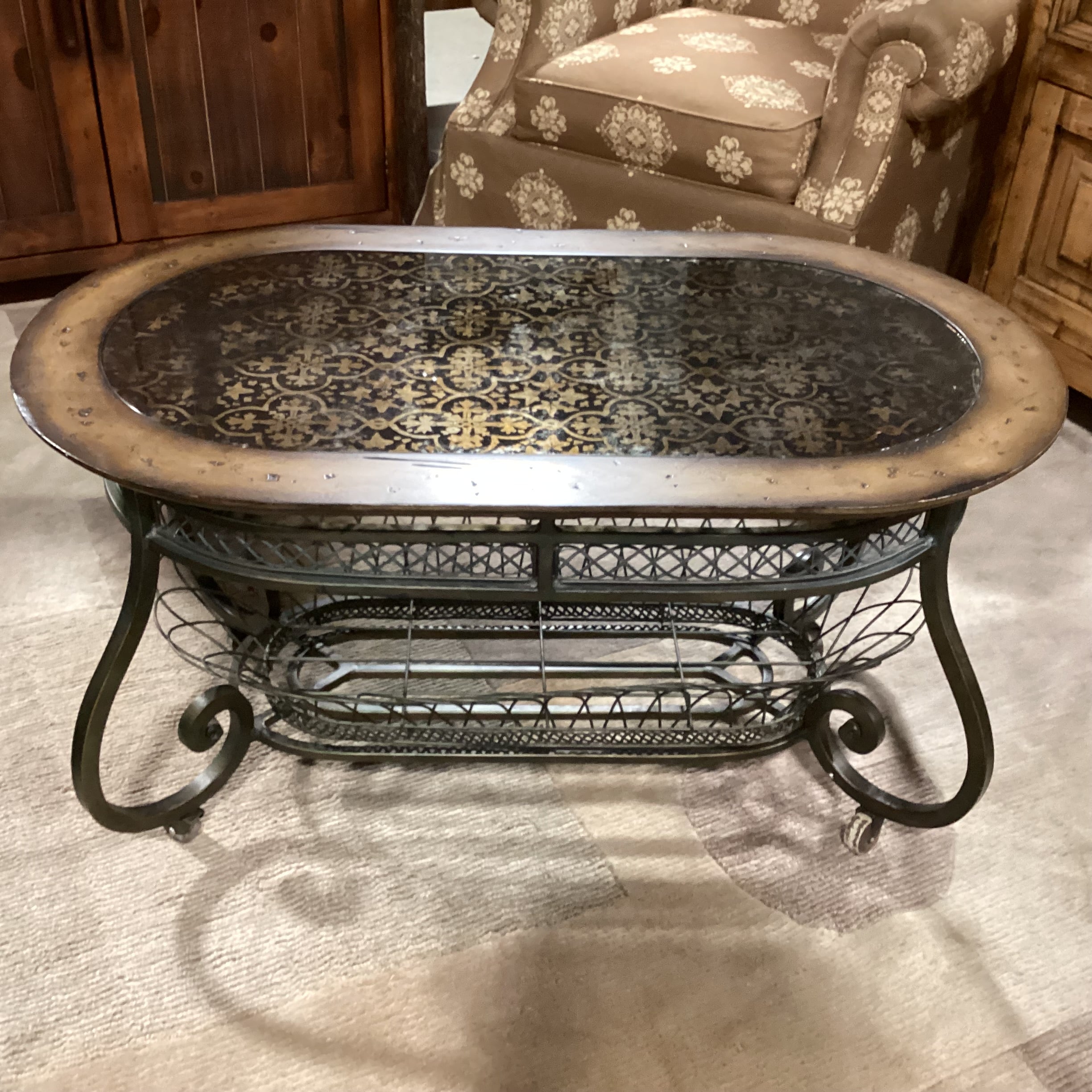 Distressed Wood & Metal with Black Detailed Leaf Design Glass on Casters Coffee Table 38"x 21.5"x 20"