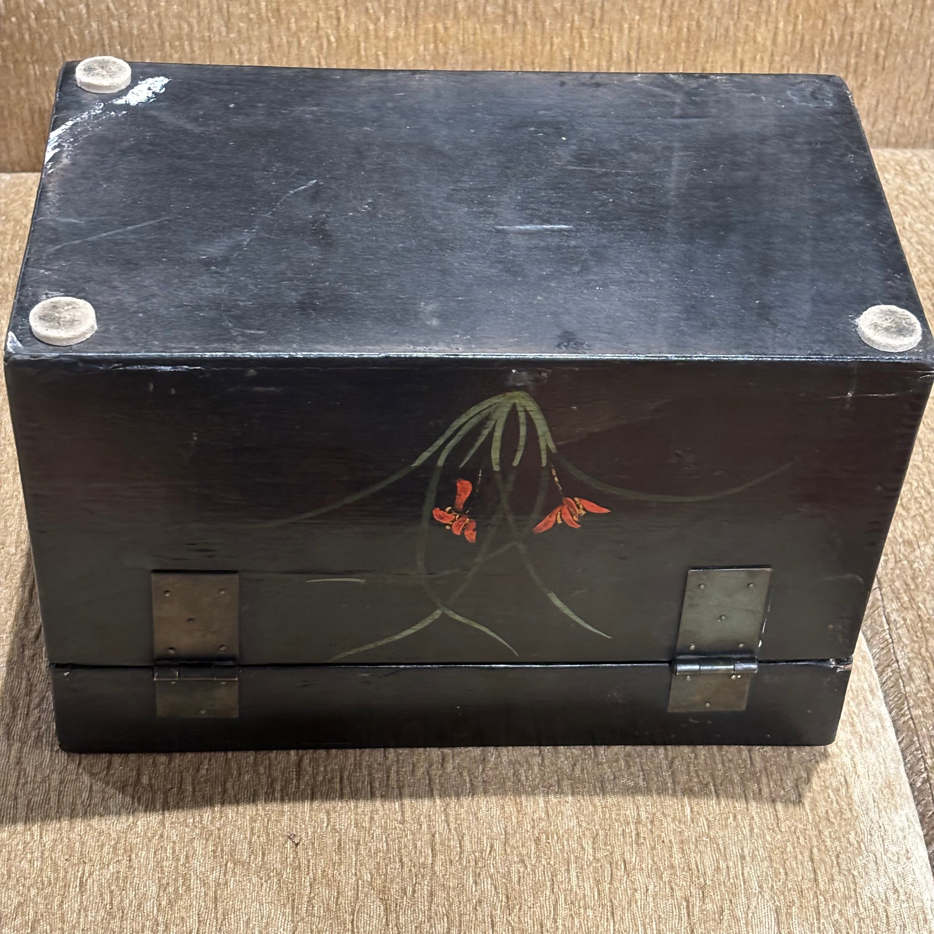 Antique Chinese Black Lacquer Handpainted Lotus Flowers Keepsake Chest
