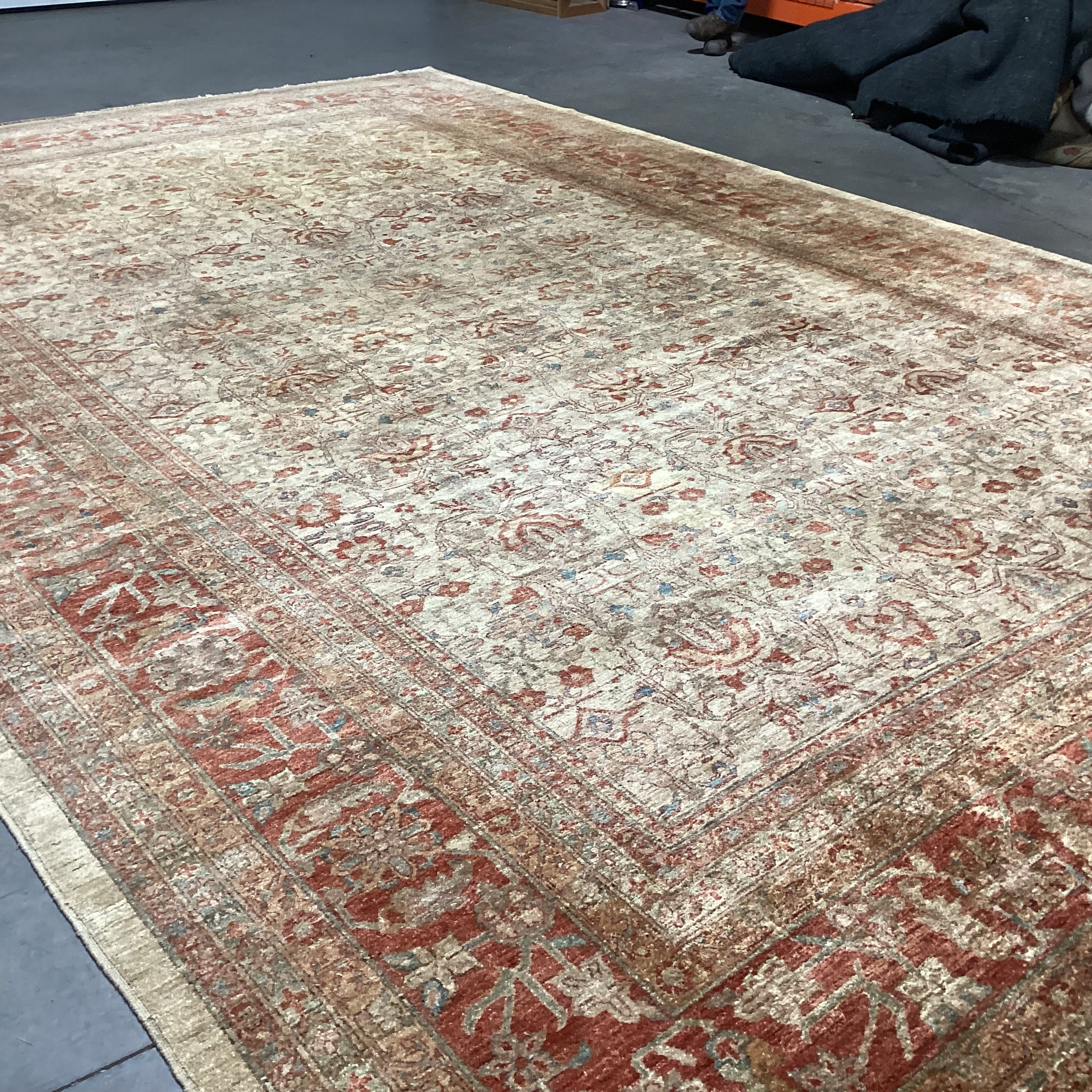 Golden Tan Rust & Blue Hand Woven Wool Rug 12'x 18'