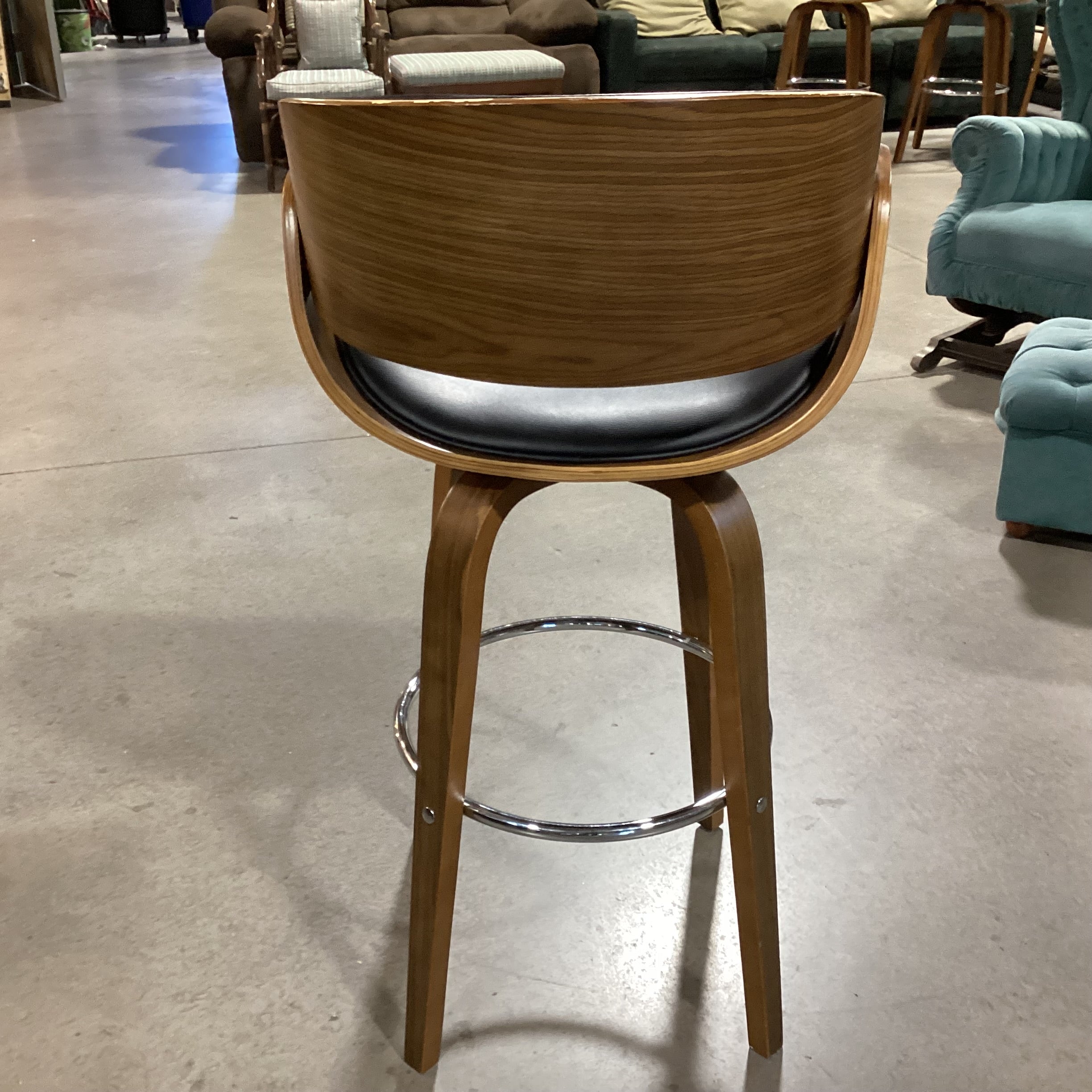 Mid Century Style Pressed Wood & Faux Black Leather Swivel Barstool 30"