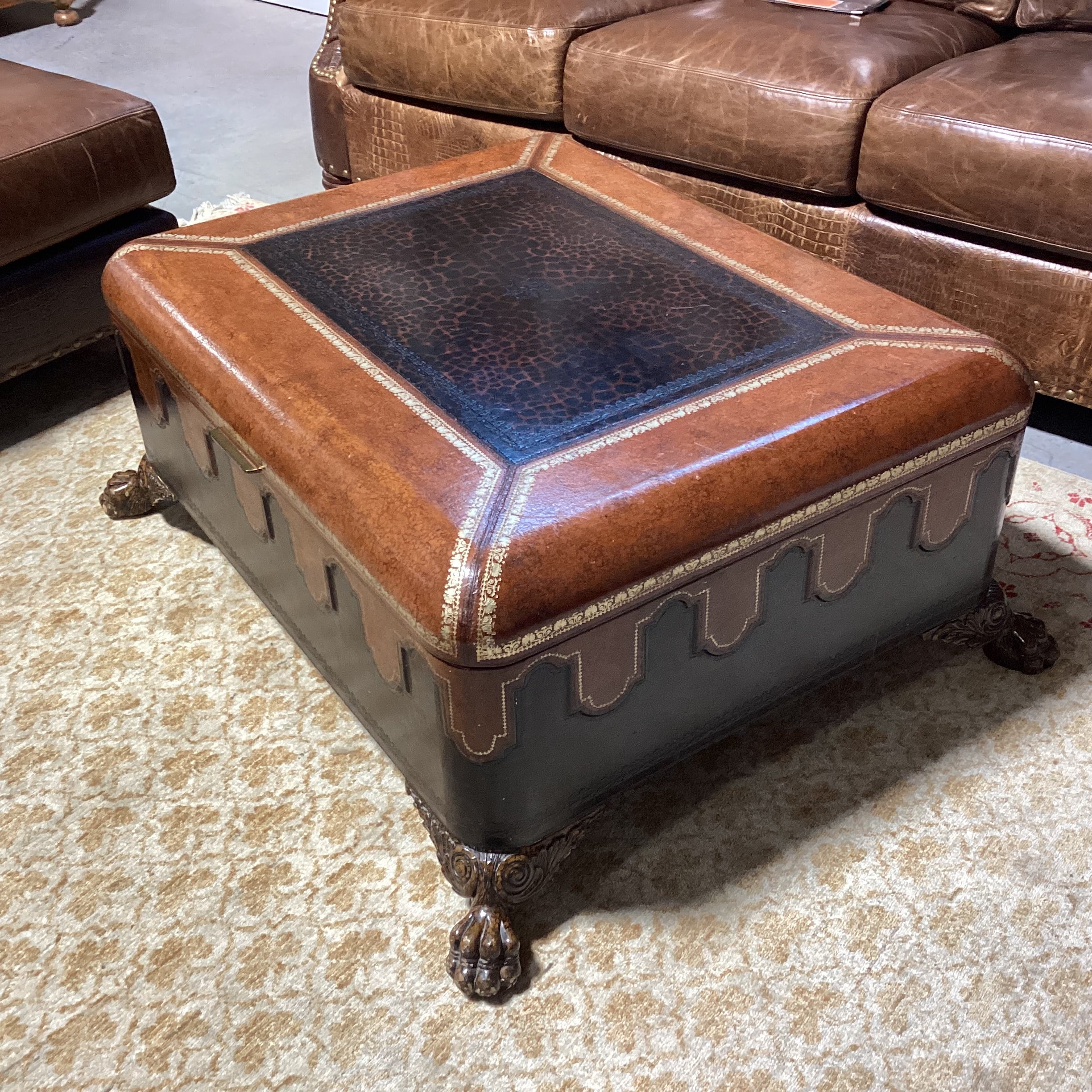 Maitland Smith Leather with Gold Stamping & Carved Clawfoot Trunk 44"x 35"x 18"