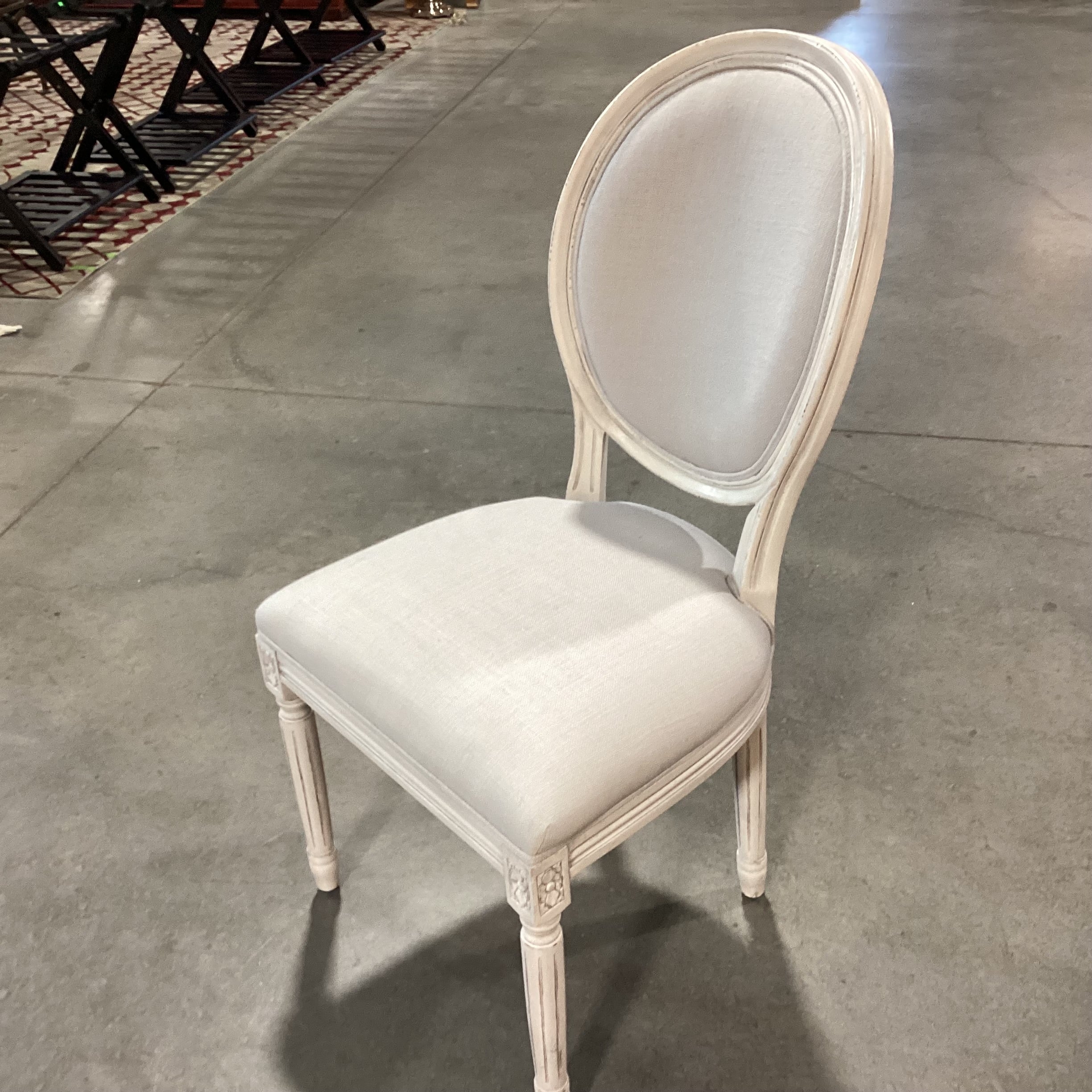 French Provincial Carved Antiqued White & Linen with Sequin Back Chair 20"x 24"x 39.5"
