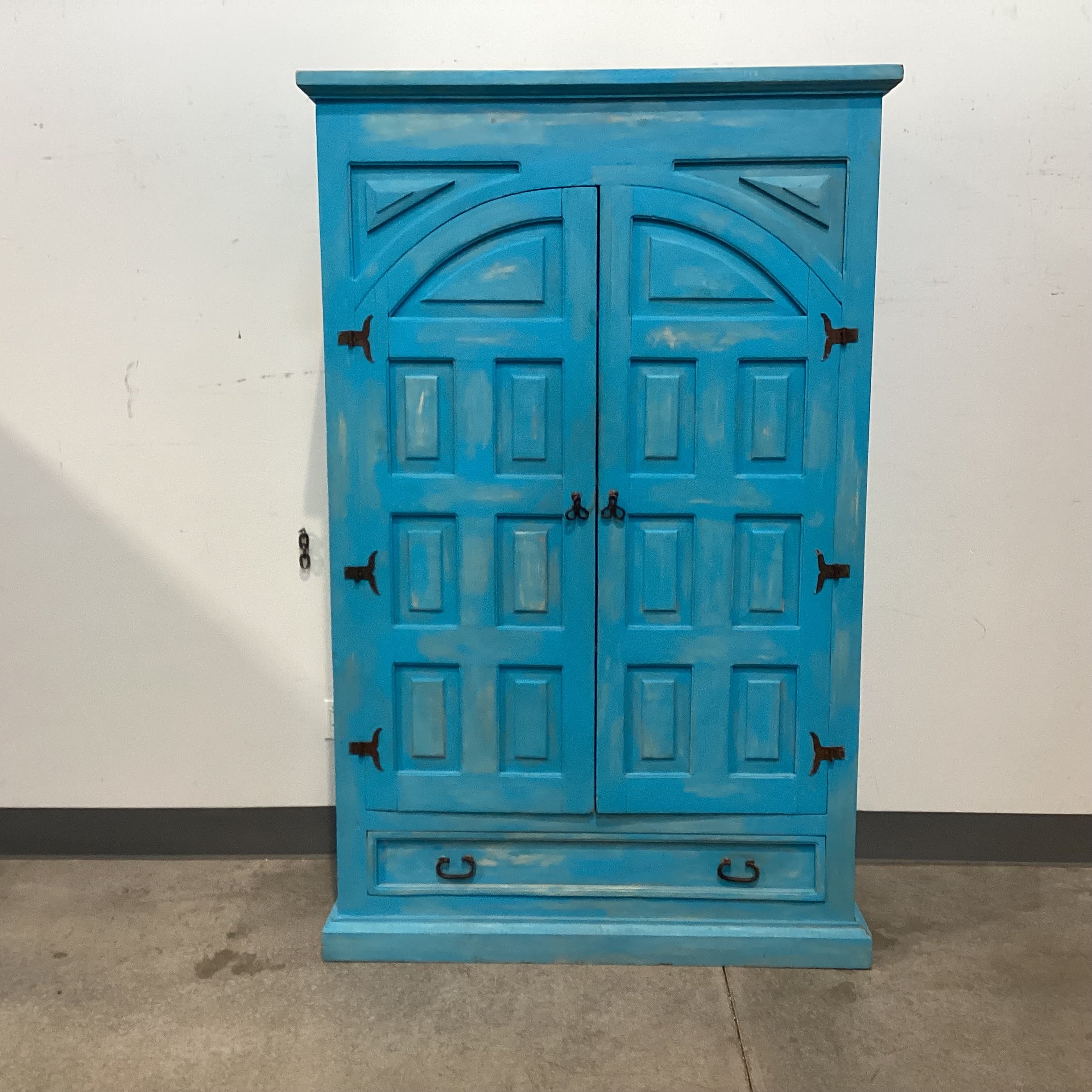 Rustic Carved Pine Distressed Blue 2 Door with Shelves 1 Drawer Armoire 51"x 25"x 80"