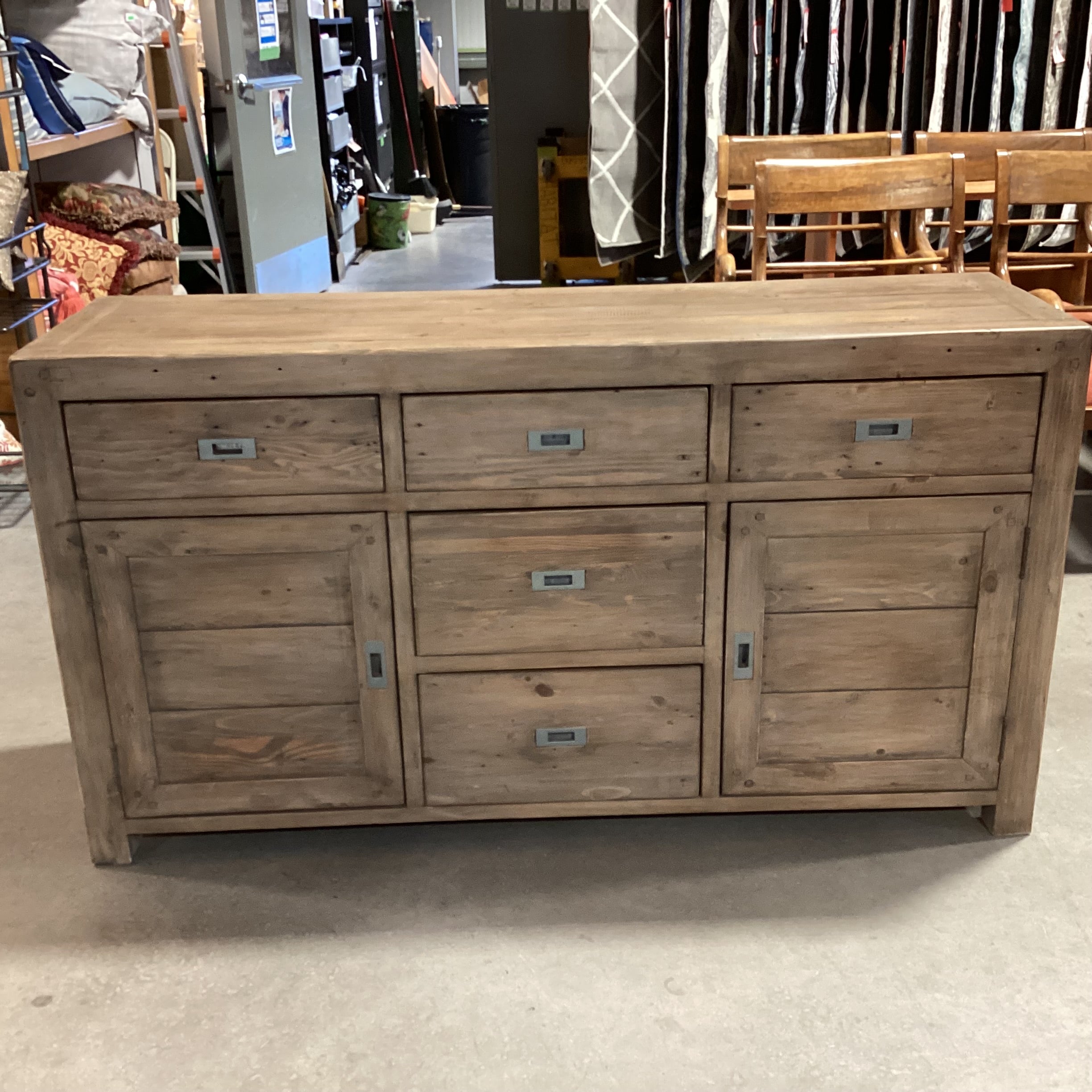 Rustic Reclaimed Wood Campaign Style 2 Door with Shelves 5 Drawer Sideboard 61"x 18"x 33.5"