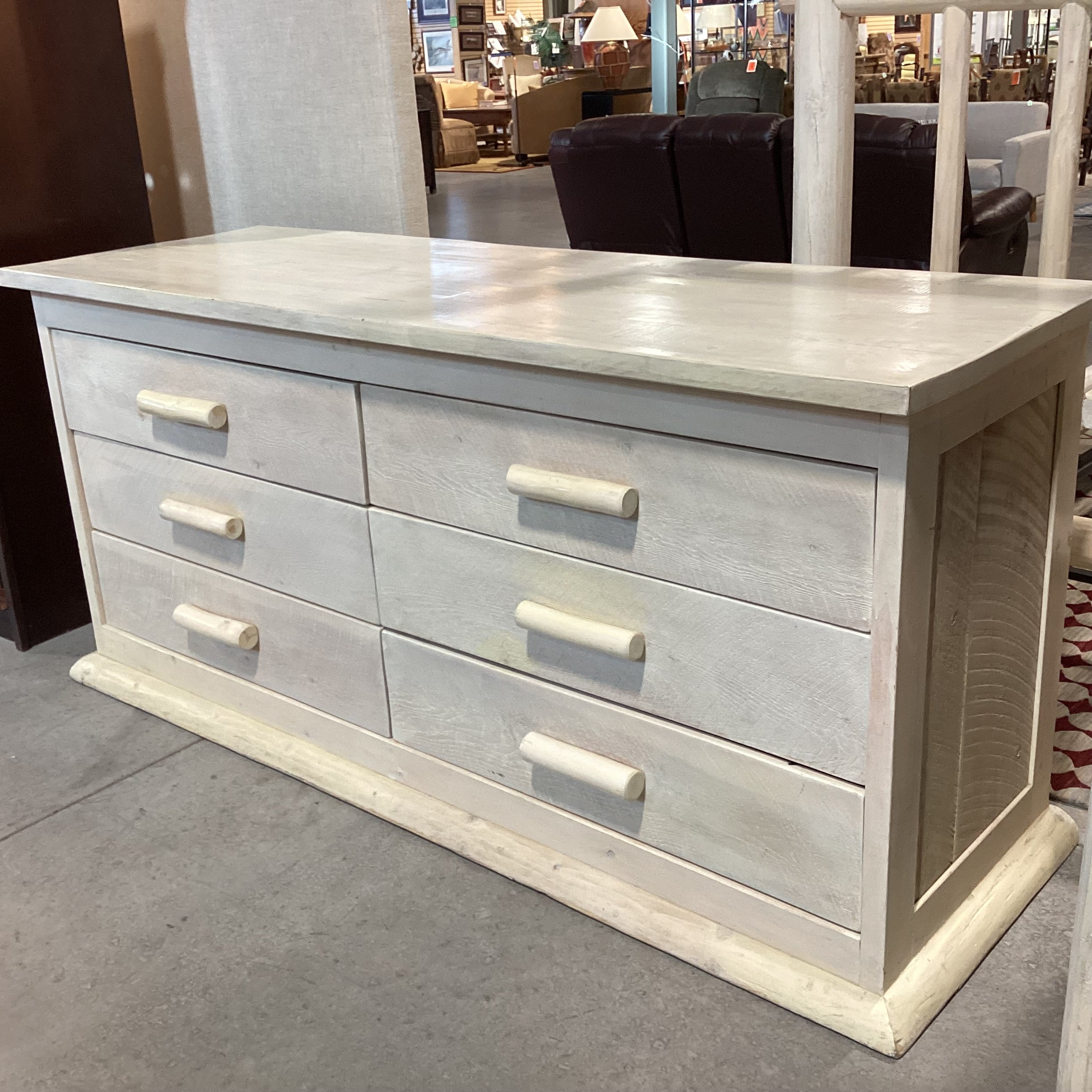 Cream Washed Wood & Log Custom 6 Drawer Dresser 80"x 27"x 37.5"