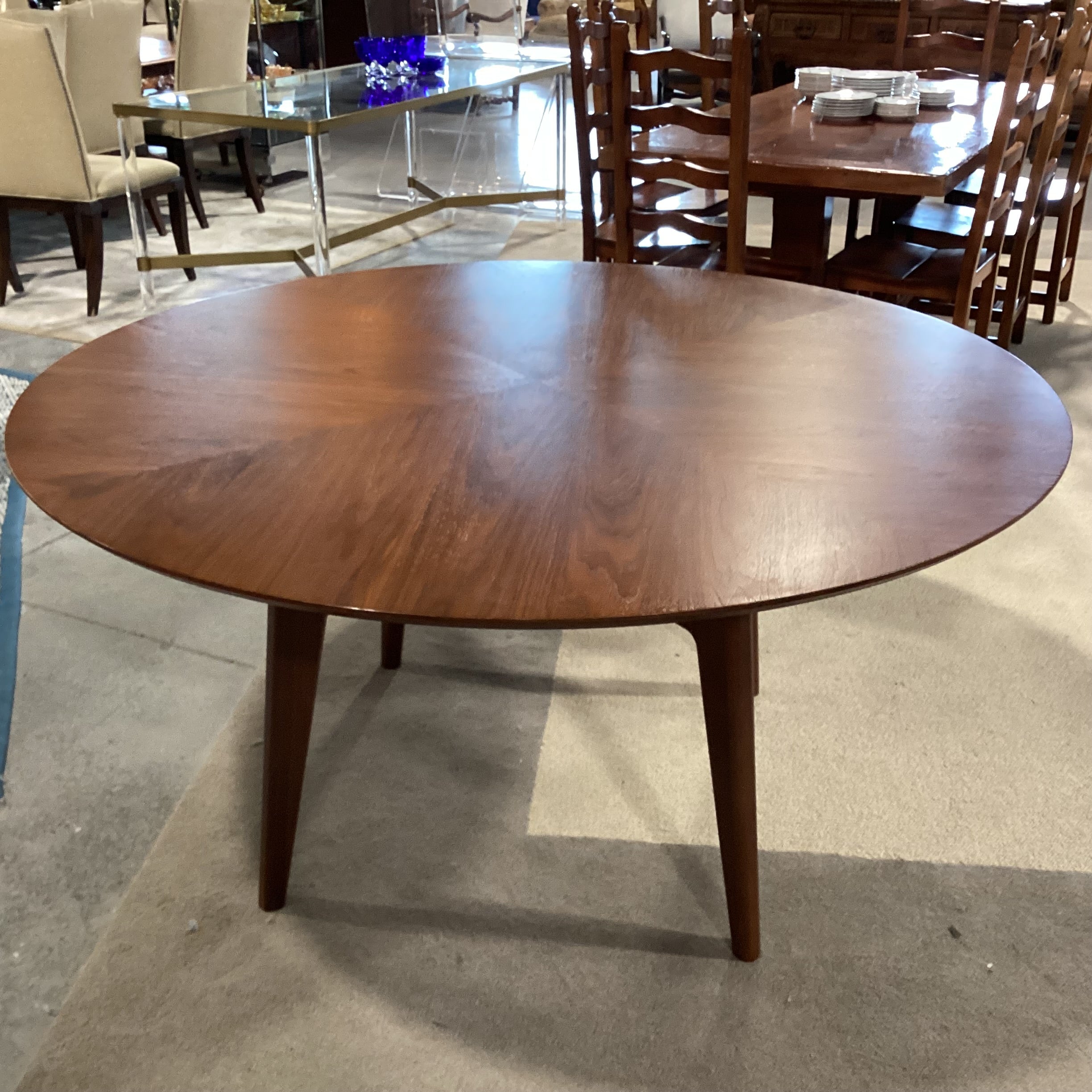 Crate & Barrel Tate Mid Century Style Walnut Finish Round Dining Table 60" Diameter x 30"