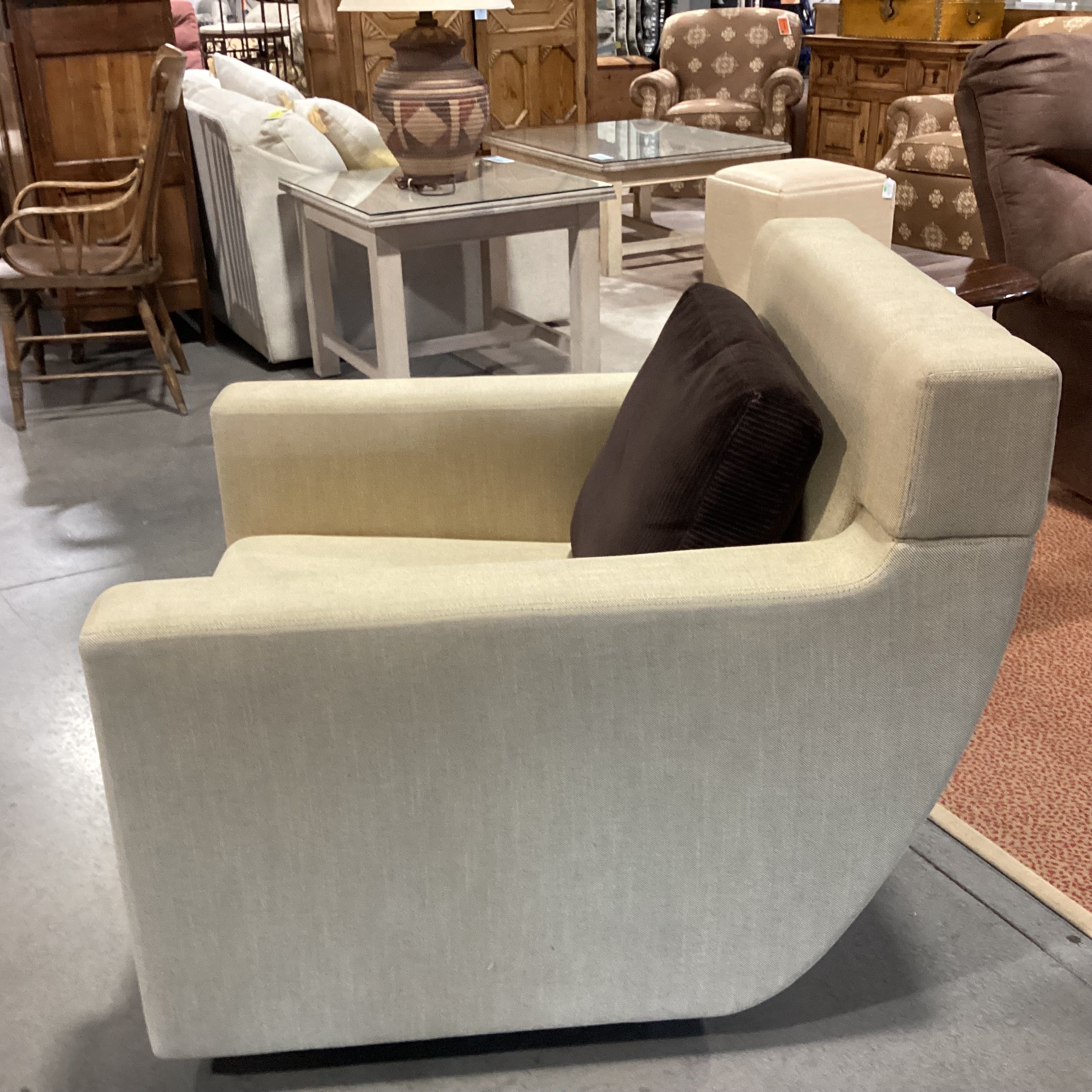 Custom Gold Woven Slope Arm Curved Back Swivel Chair 35"x 38"x 33"