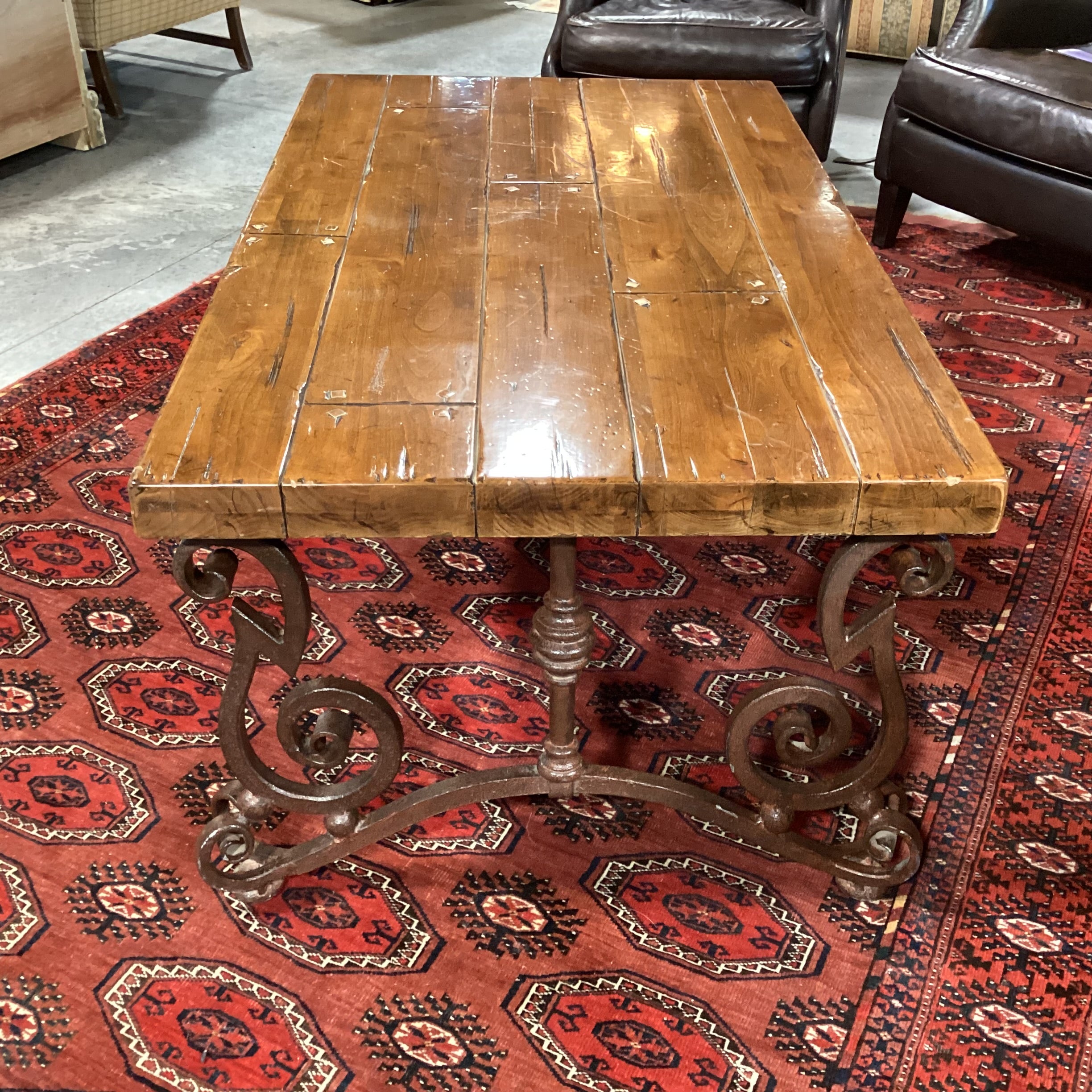 Rustic Distressed Solid Plank & Ornate Iron Coffee Table 54"x 32"x 21.5"