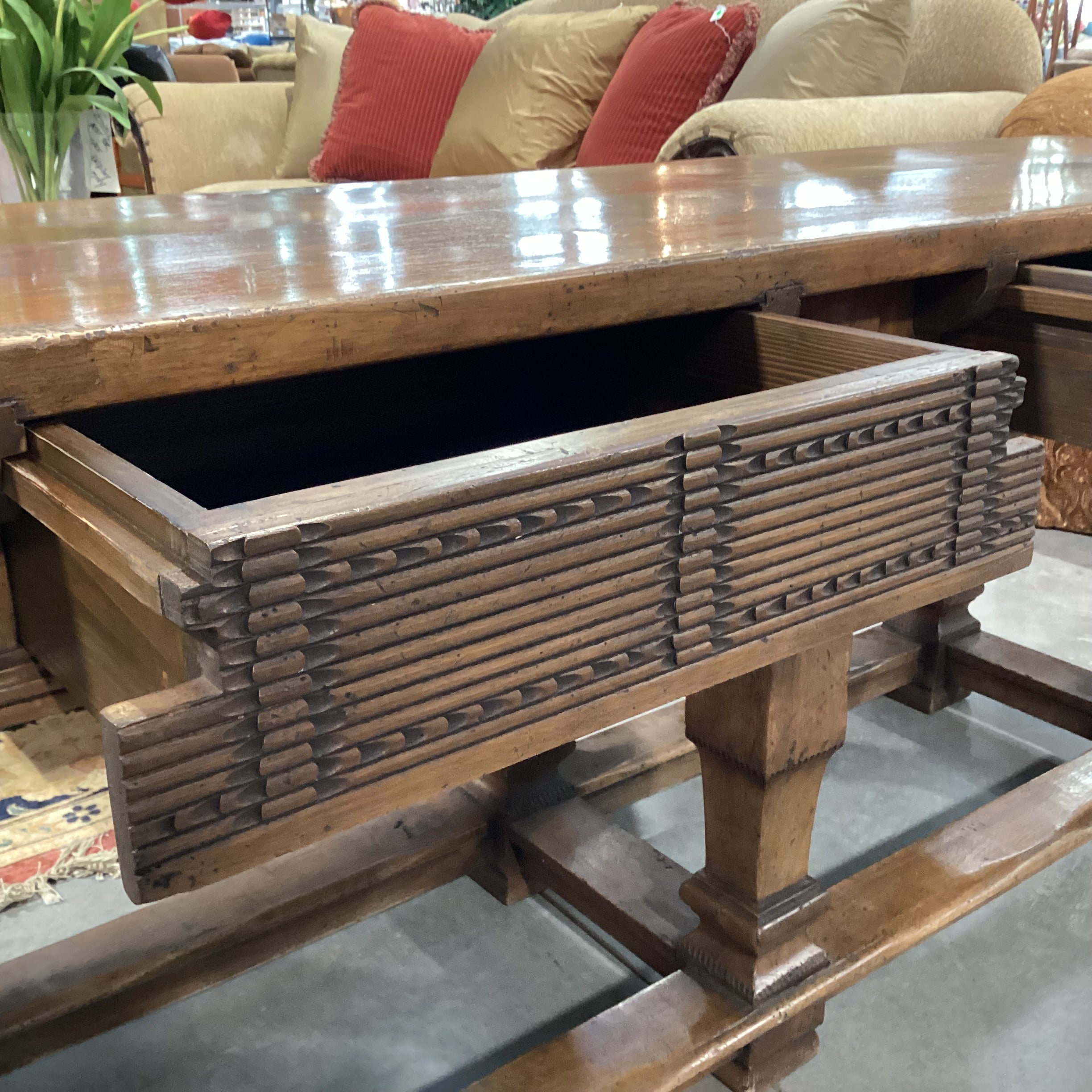 Rustic Distressed Solid Carved Wood 2 Drawer Console Sofa Table 82"x 22"x 30"