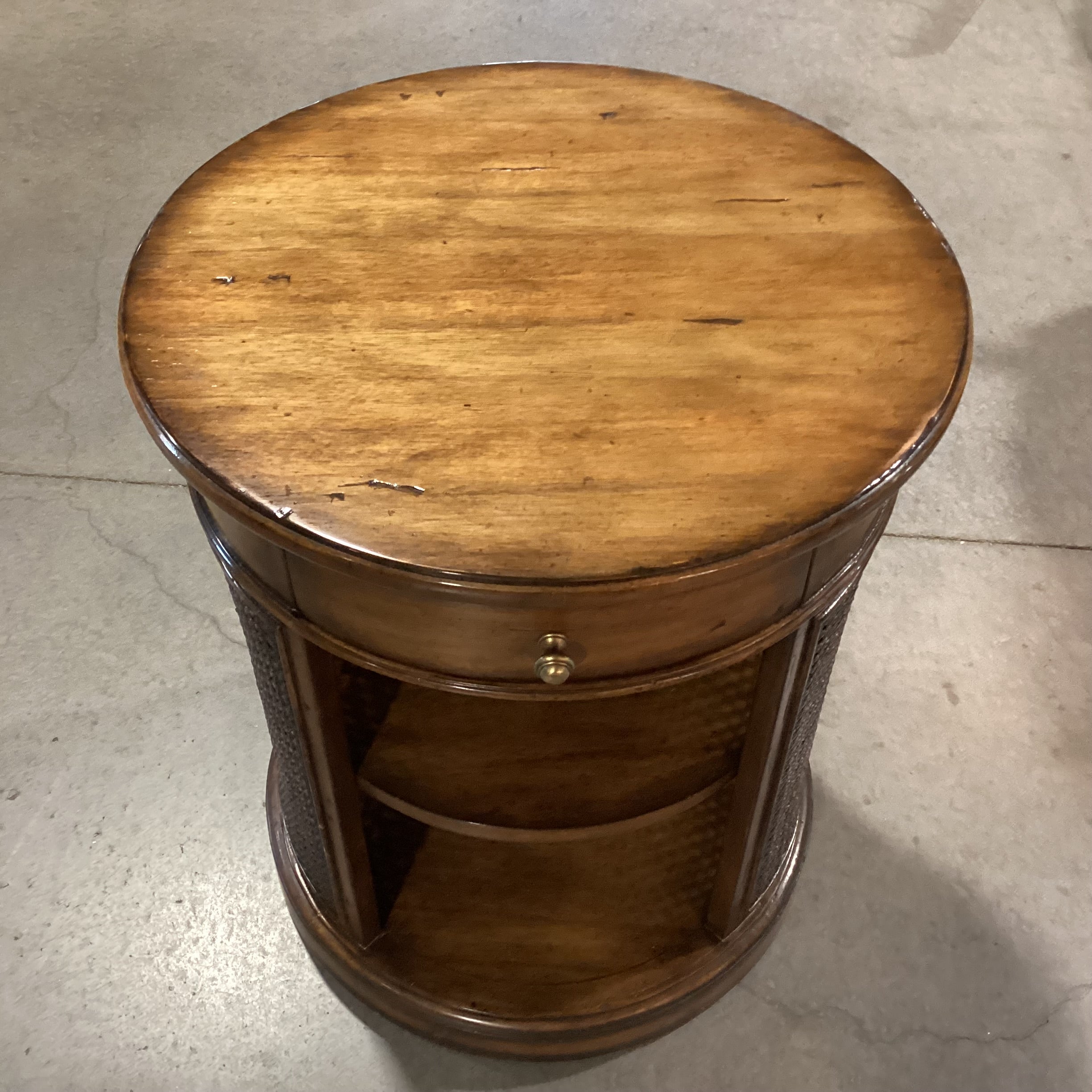 Round Finished Wood & Caning 1 Drawer with Shelves End Table 20" Diameter x 24"