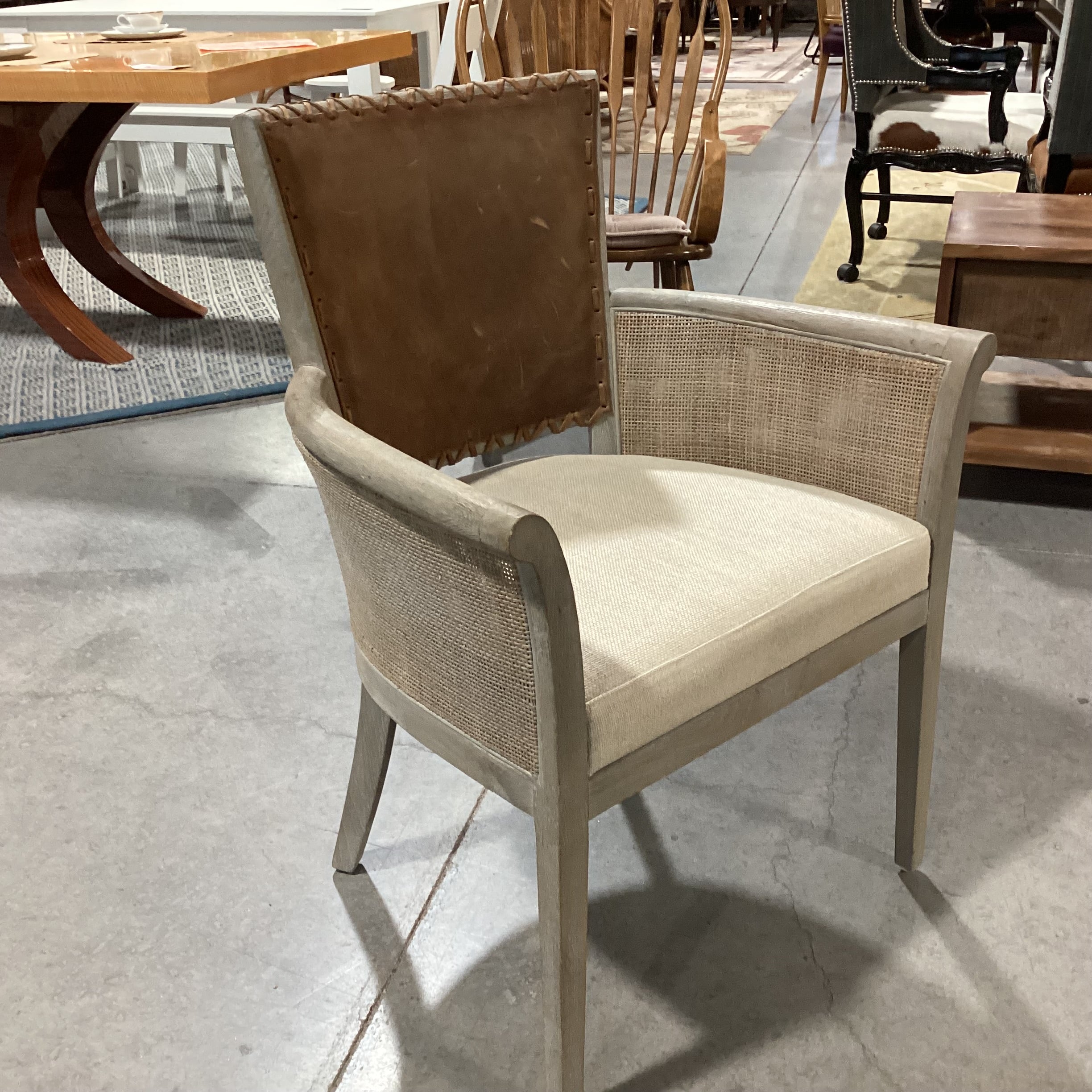 Washed Grey Wood Woven Sides Leather Back Linen Seat Chair 26"x 23"x 35"