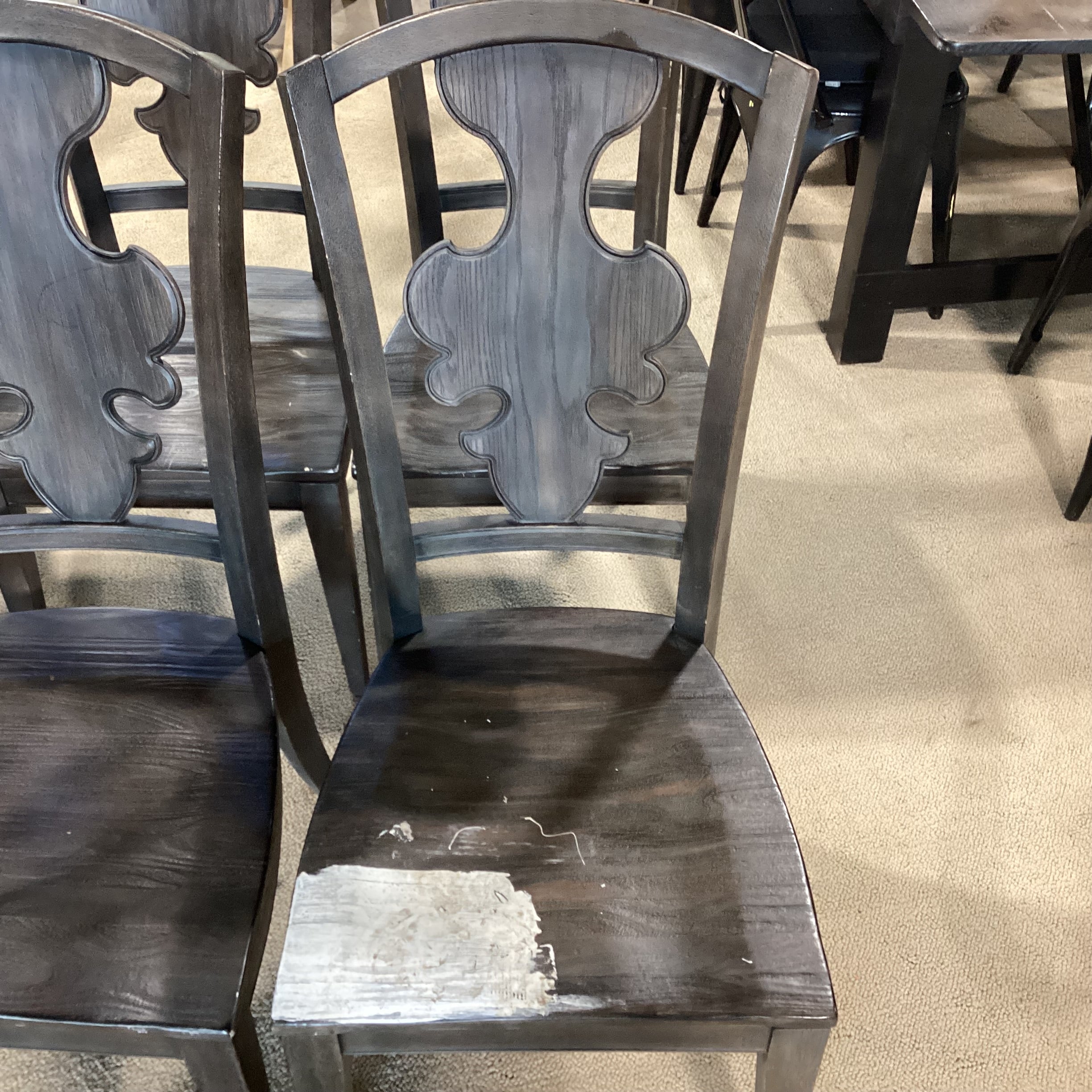 SET of 6 French Country Grey Washed Wood with Detail Back Dining Chairs 19"x 20"x 41.5"