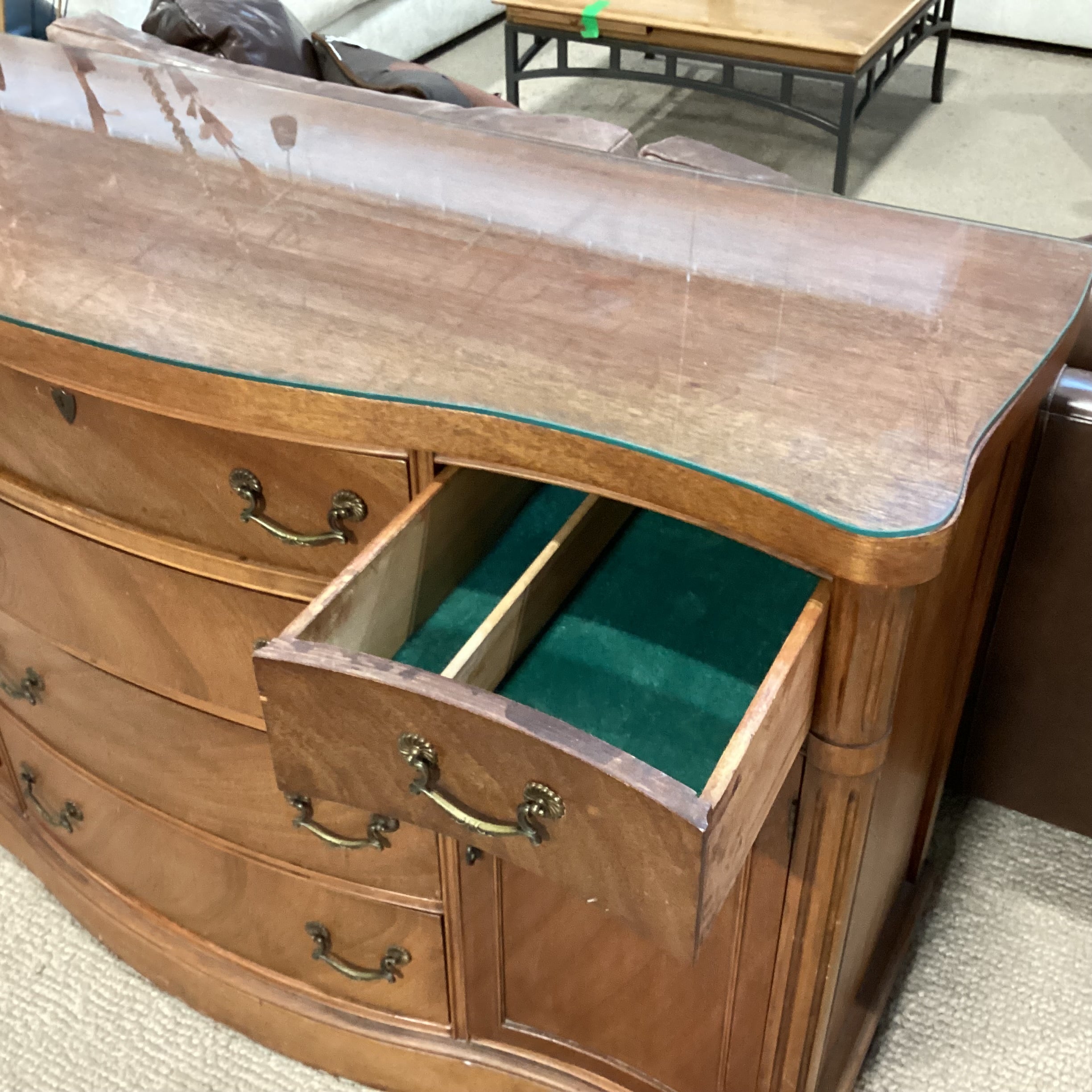 Antique Carved Wood with Molding Detail & Glass Top 2 Door 6 Drawer Sideboard 54"x 21"x 36"