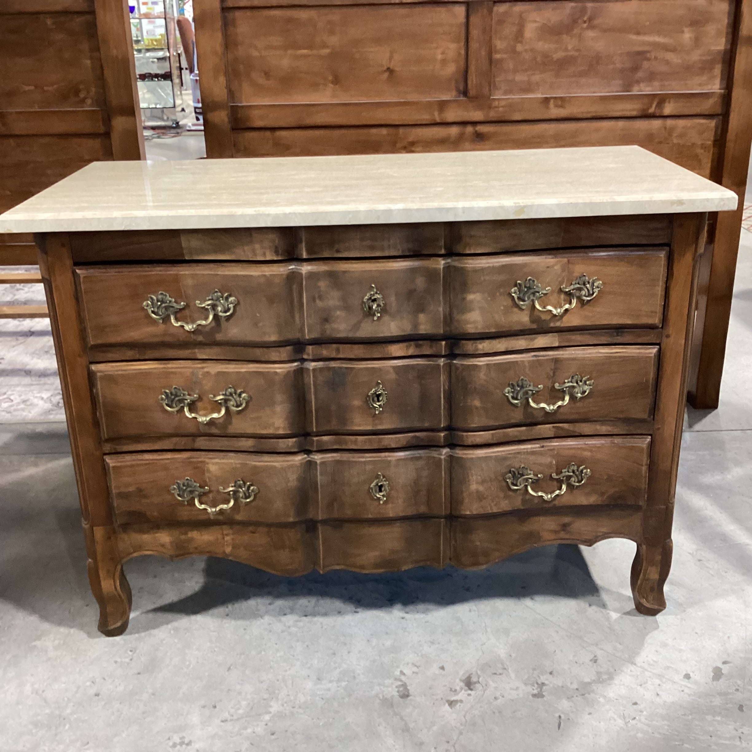 Antique French Provincial Oak 3 Drawer with Travertine Top Chest 47"x 22"x 34"