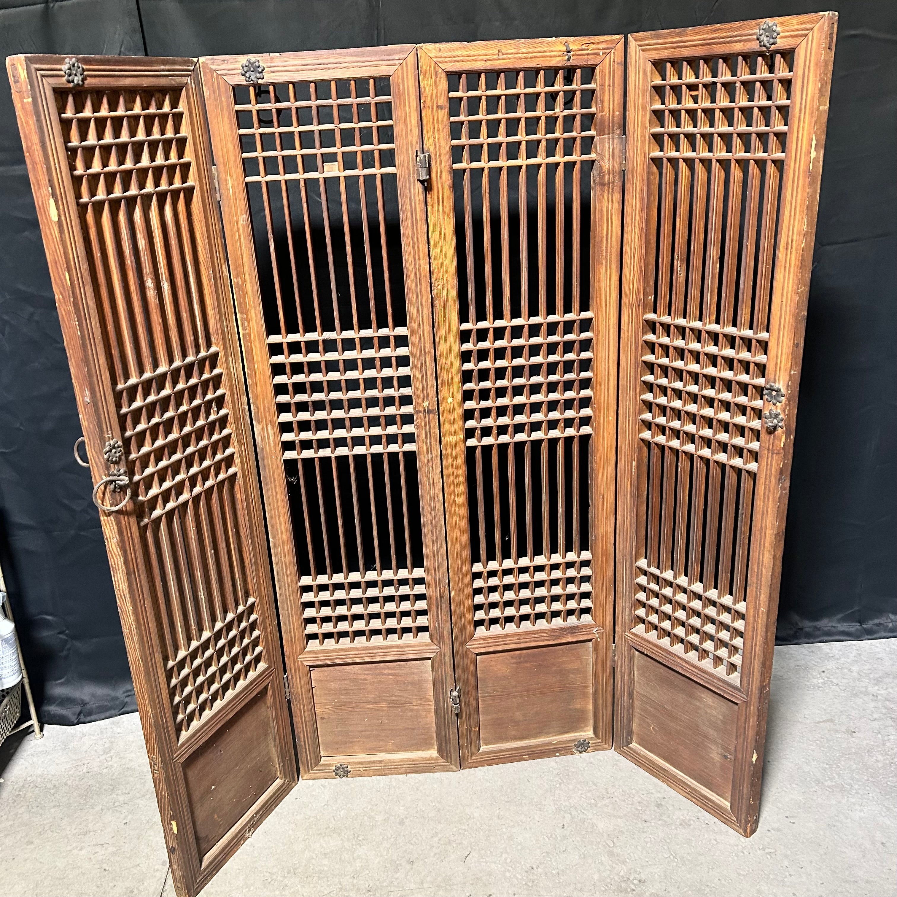 Oriental Antique Four-Panel Wooden Screen With Iron Hardware 62"x 64"