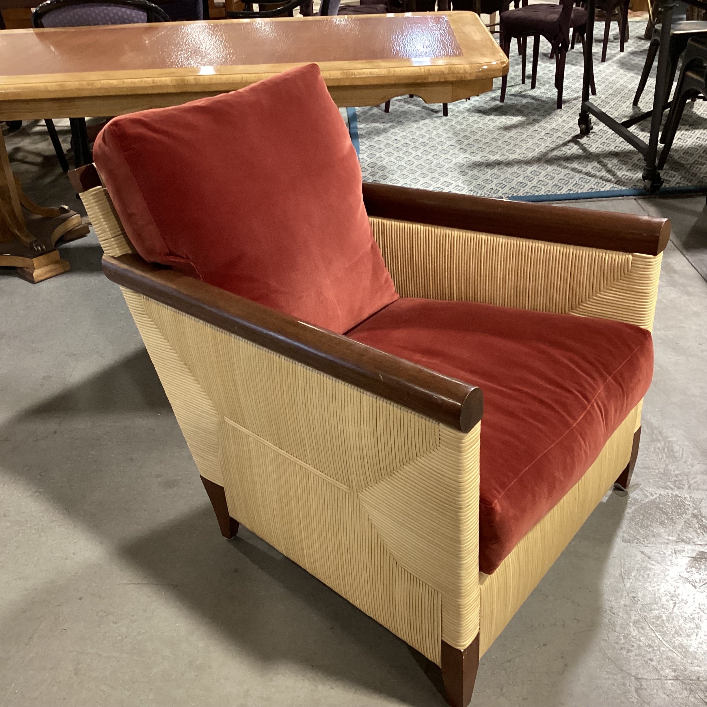 John Hutton For Donghia Merbau Collection Mahogany & Rattan with Rust Velvet & Down Cushions Chair 30"x 35"x 32"