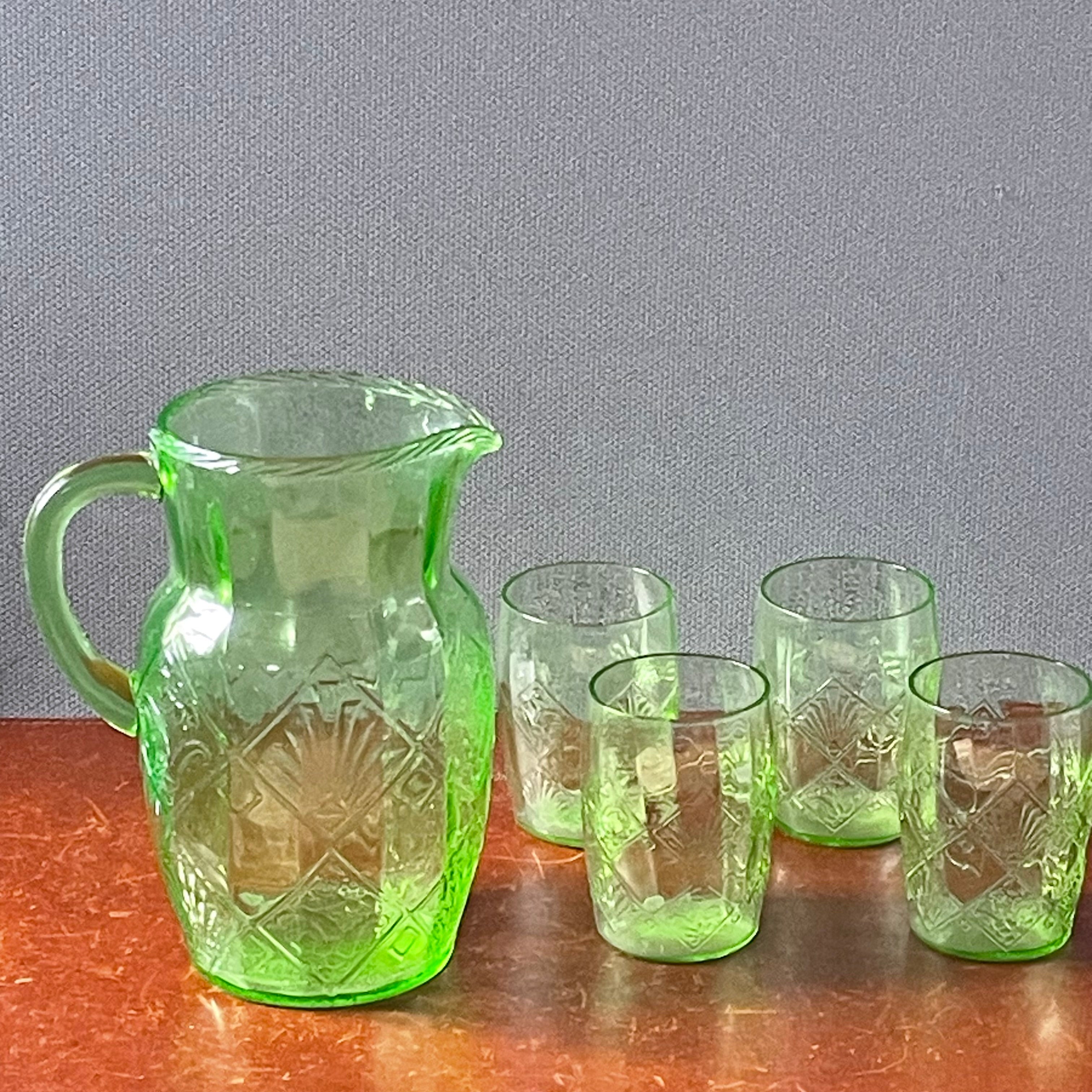 Set of 5 Pieces Vintage Anchor Hocking Fan & Flower Green Uranium Glass Pitcher with 4 Glasses, 1930's