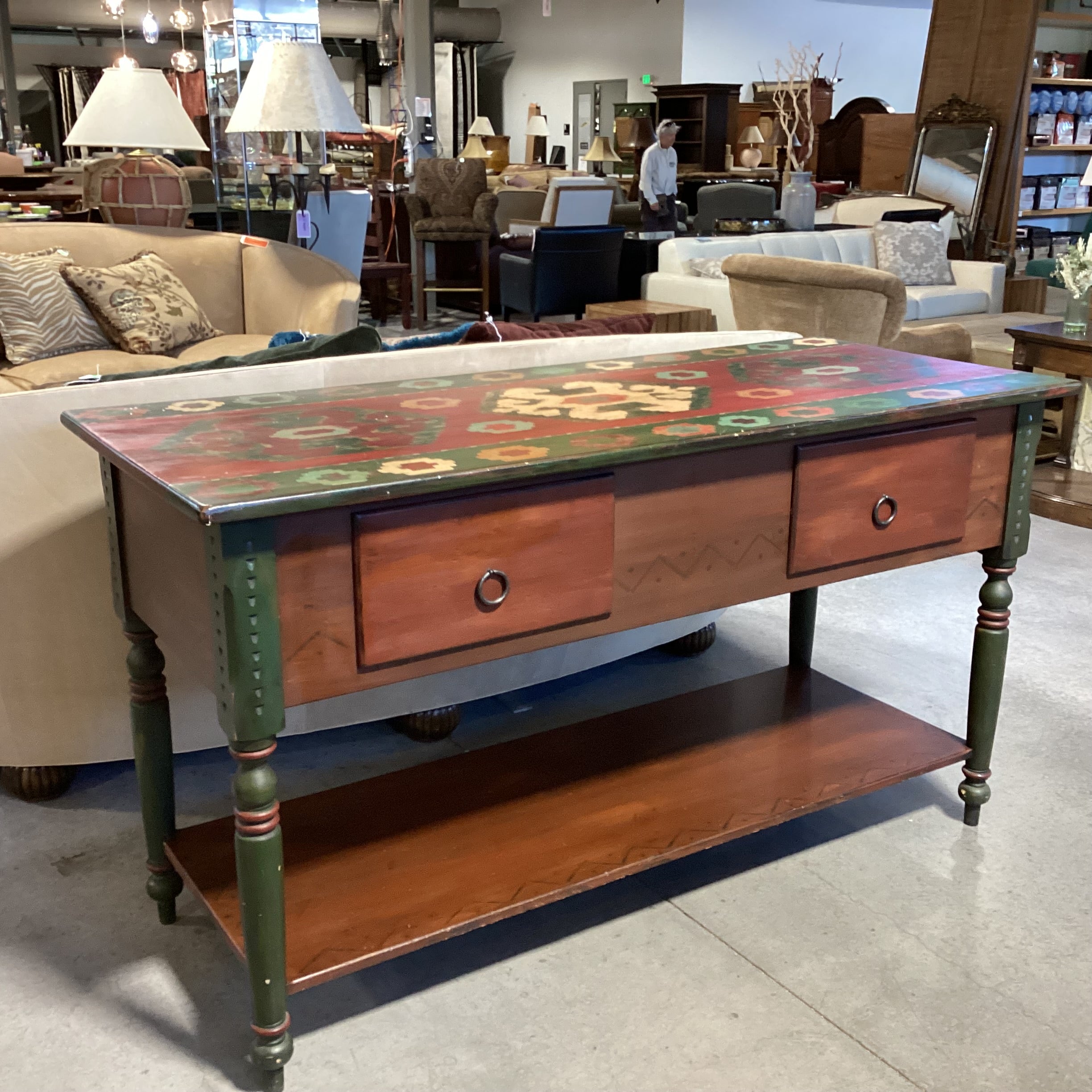 Red & Green Southwest Hand Painted Carved Wood 2 Drawer & Bottom Shelf Console 65"x 27"x 36"