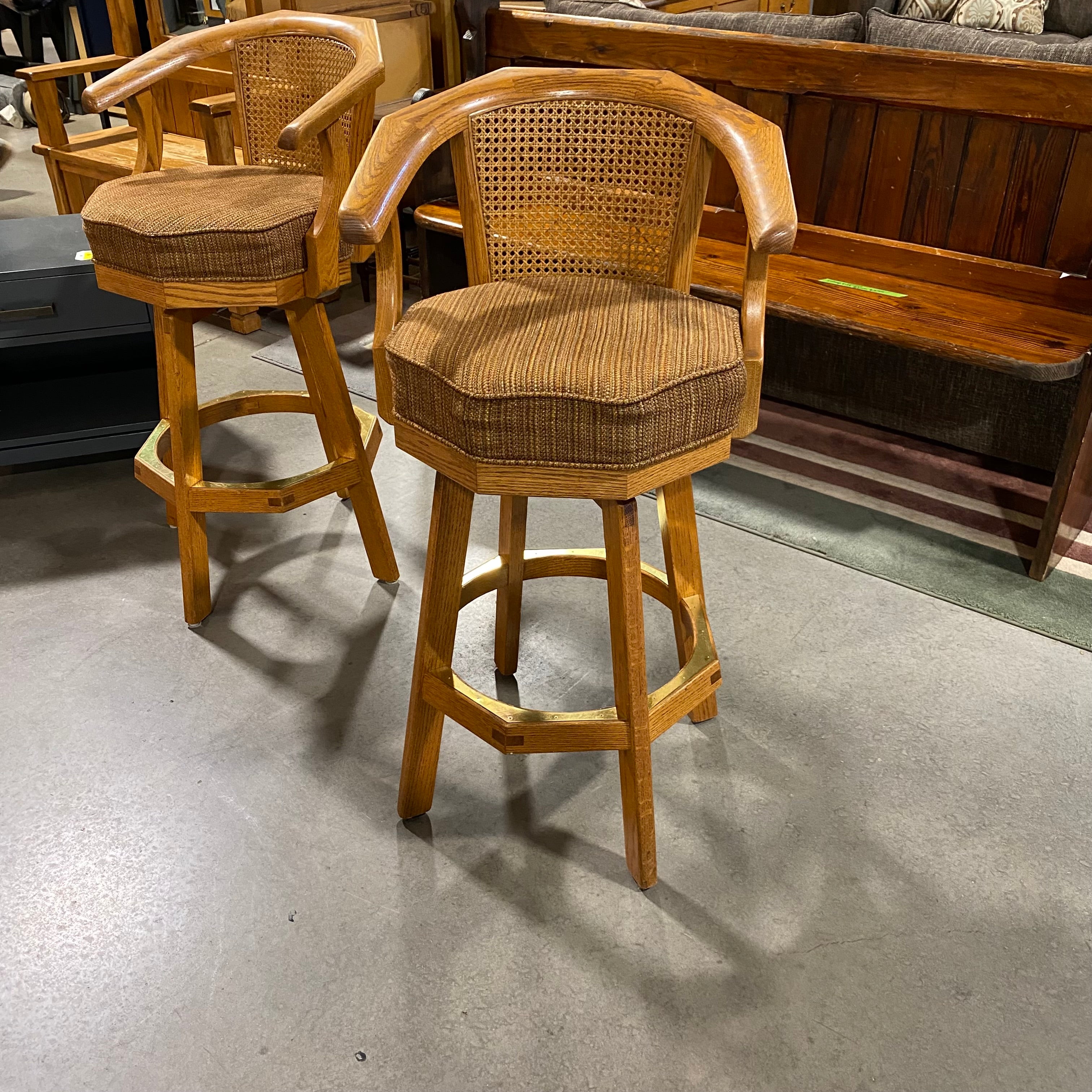 SET of 2 Solid Wood Brass Accents Rust/Gold Upholstered Seat Caned Back Bar Stools 22.5"x 21"x 40"