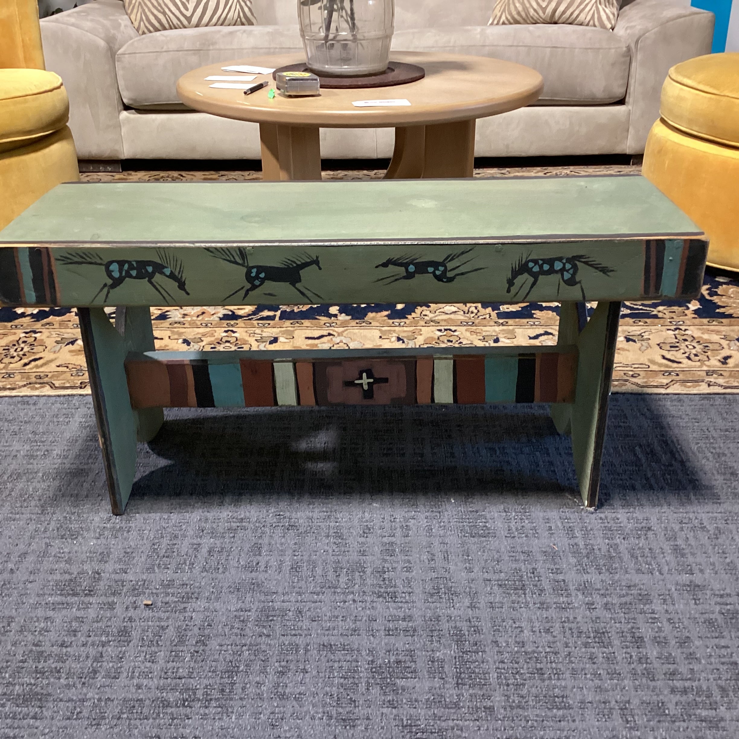Southwest with Horses Green Rust Black Wood Bench 36"x 12.5"x 17"