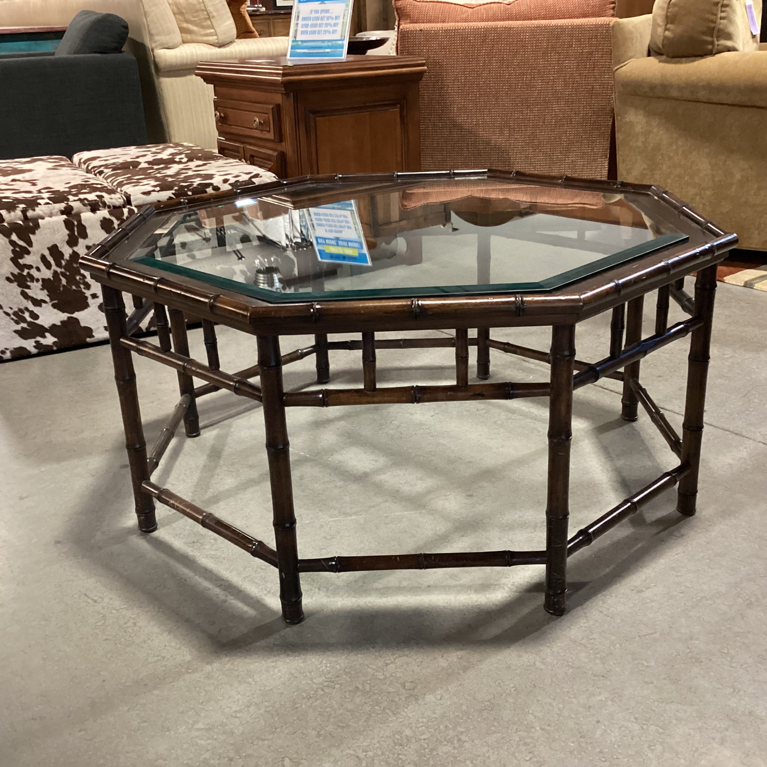Vintage Hollywood Regency Bamboo Style Wood & Glass Octagonal Coffee Table 40.5"x 40.5"x 20"