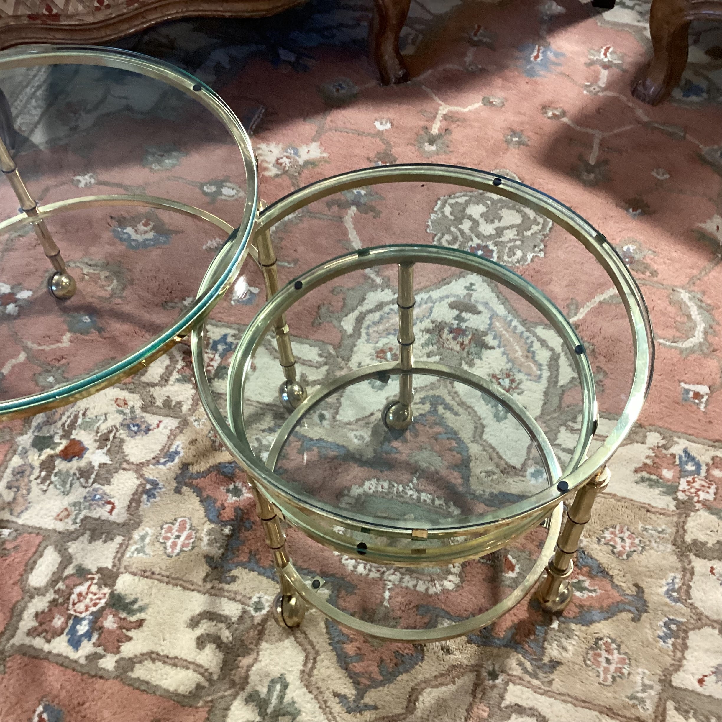 Vintage Mid Century Brass Bamboo Style & Glass Rounds on Casters Fold in Expandable Coffee Table 25" to 56"x 22"x 18"
