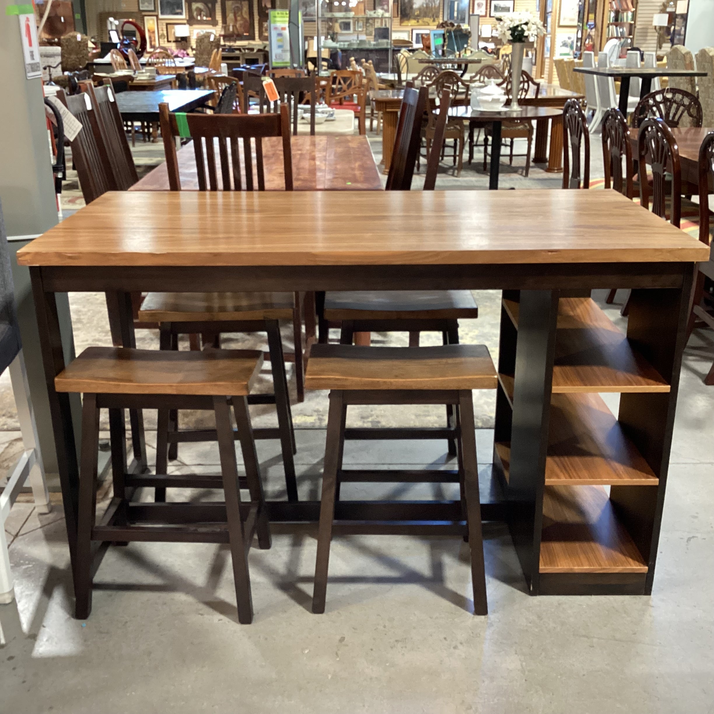Veneer & Wood 2 Tone with Shelves IslandTable & 4 Stools Dining Set 59"x 29.5"x 36"