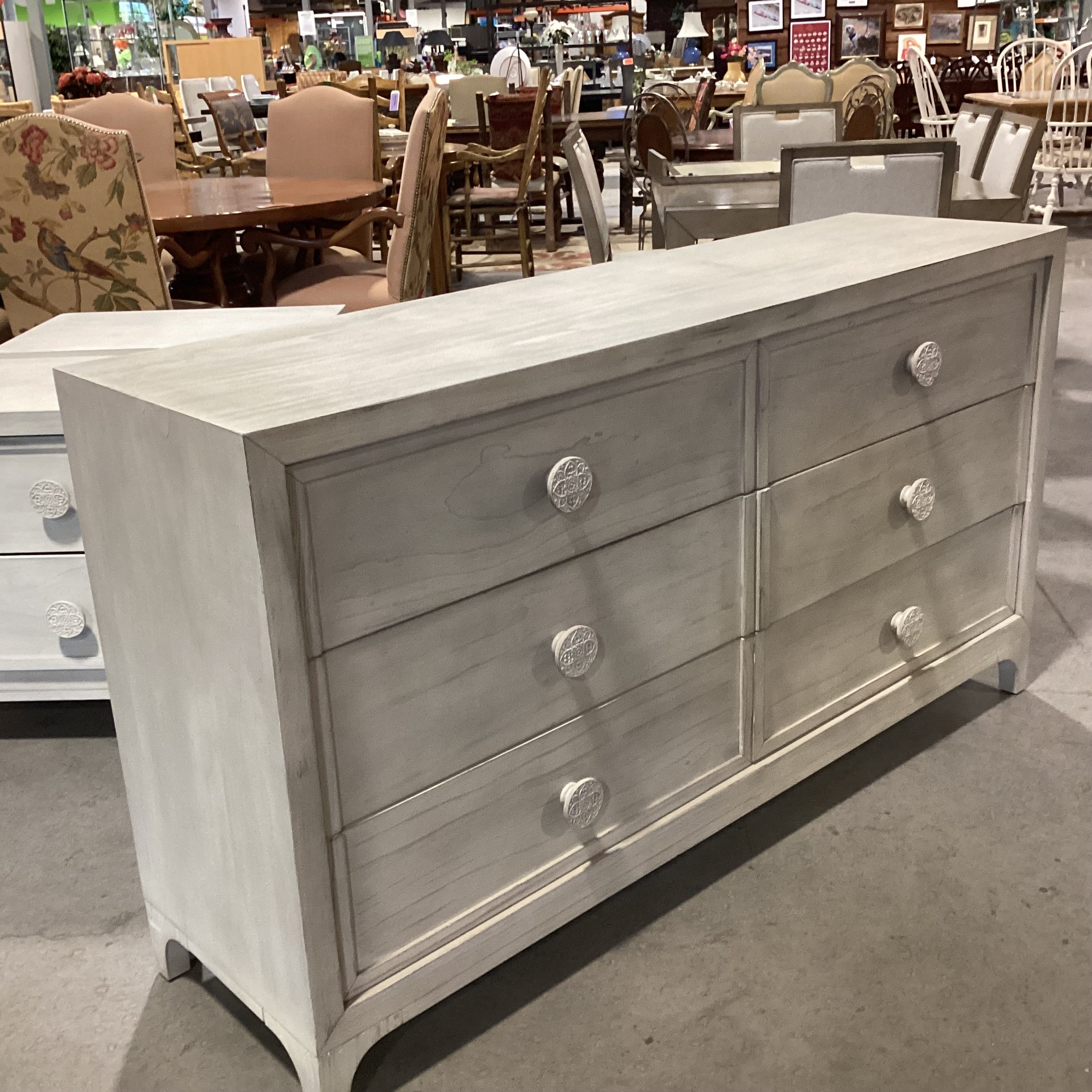 Bohemia White Washed Wood with Carved Mandala Pulls 6 Drawer Dresser 66"x 18"x 36"