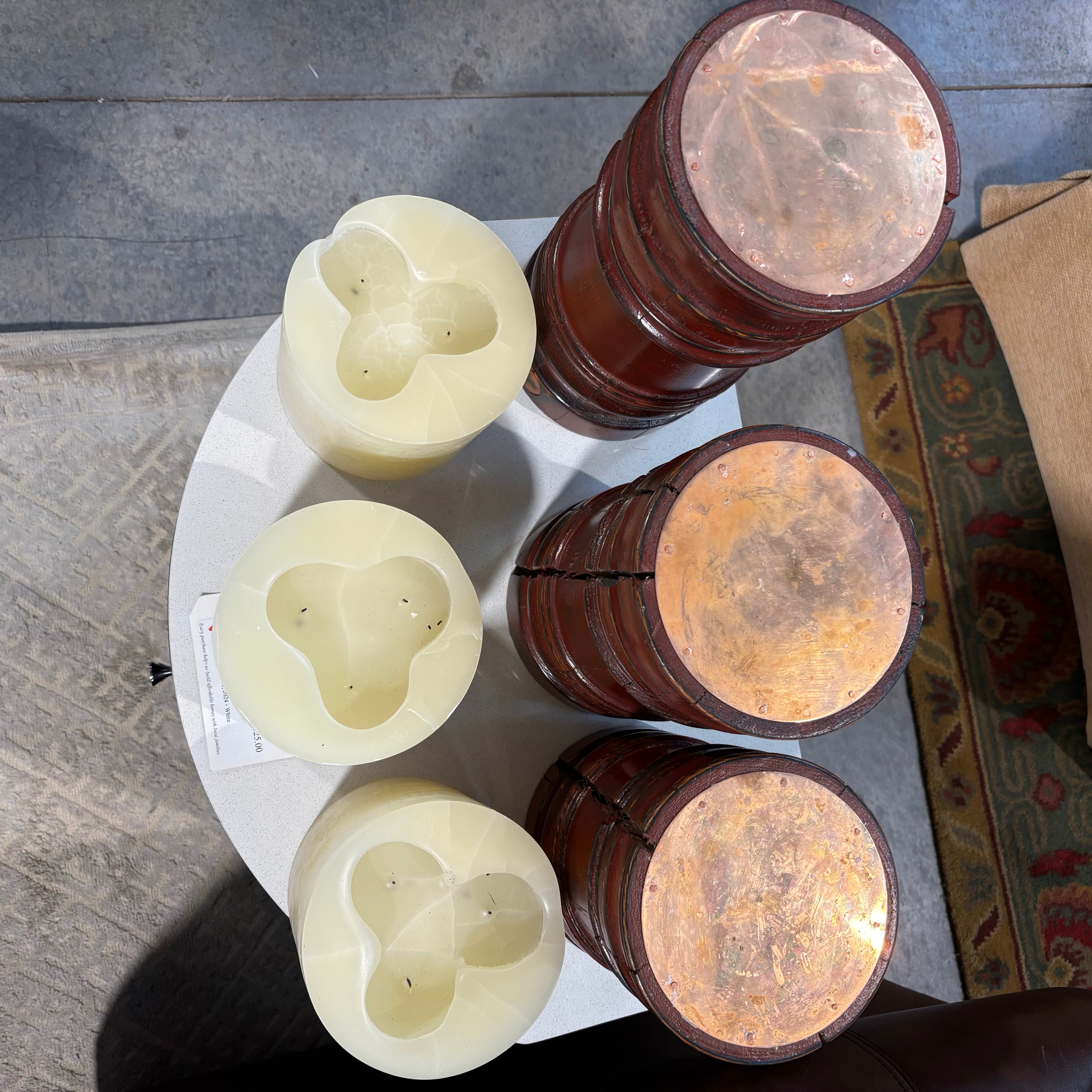 Set of 3 Asian Red Lacquer Bamboo Style Copper Top Candle Holders 6.5"x 9", 6.5"x 11", 6.5"x 13"