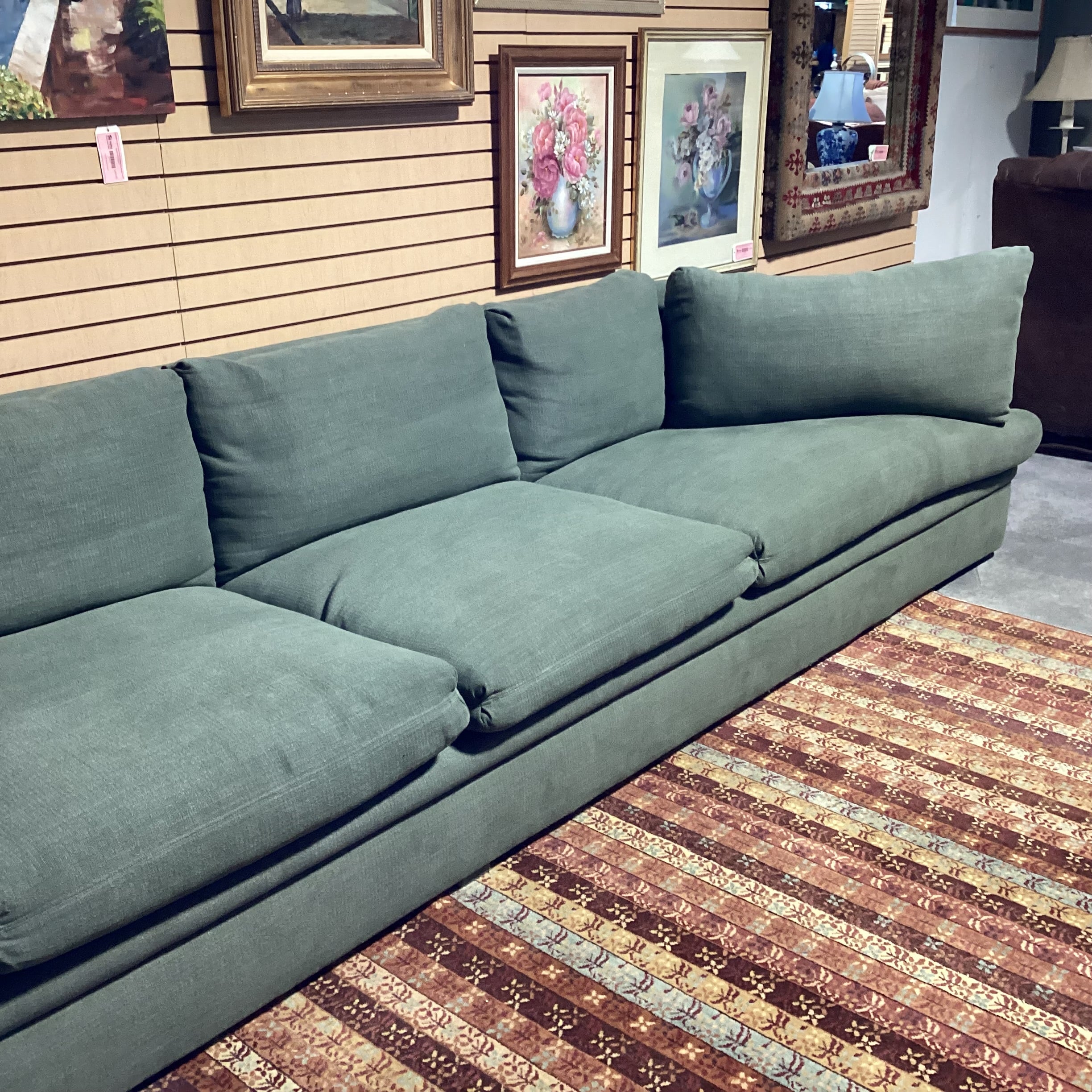 Custom Sage Belgian Linen & Down Angled Side Detail Sofa 170"x 42"x 33"