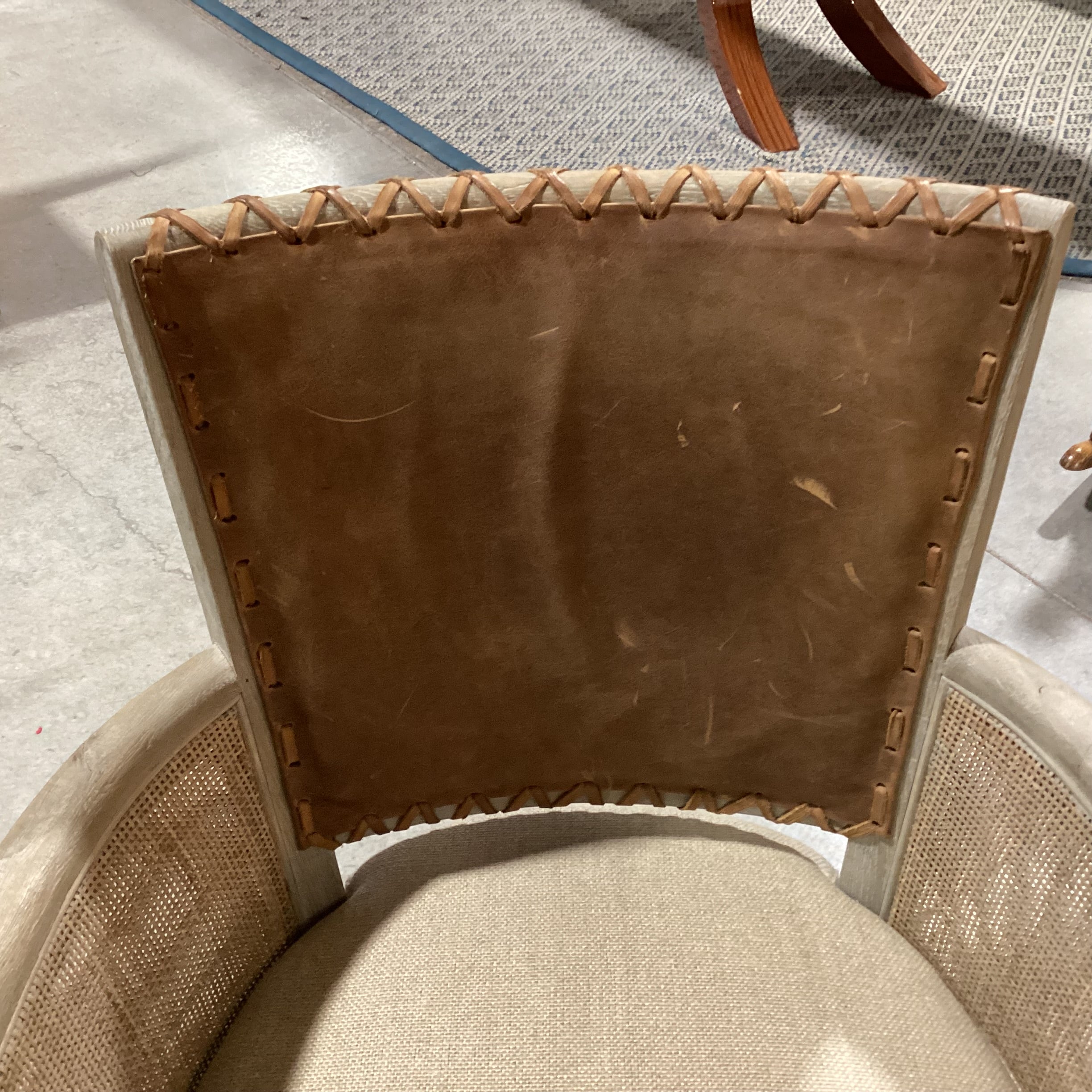 Washed Grey Wood Woven Sides Leather Back Linen Seat Chair 26"x 23"x 35"