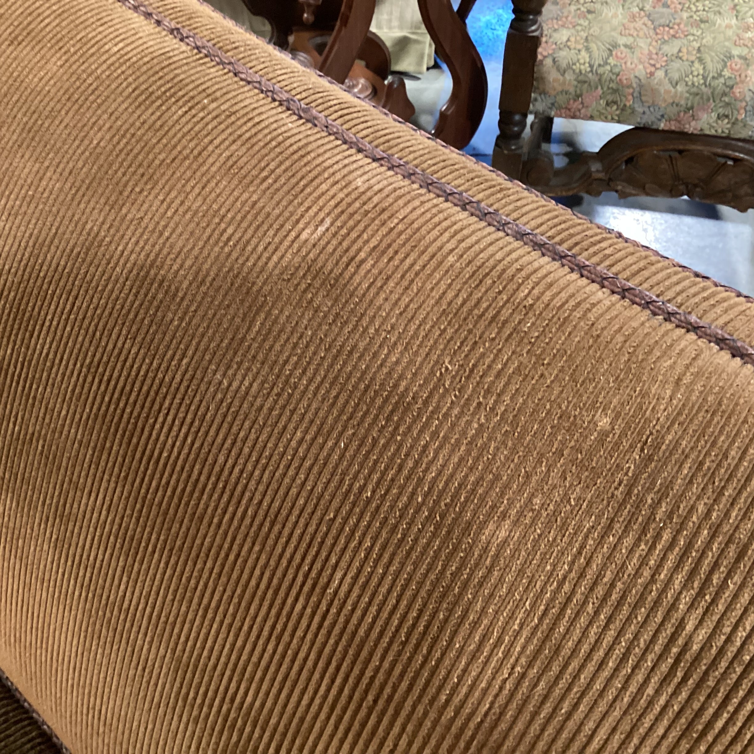 Richard Charles Brown Corduroy Braided Leather Piping & Down Mix Sofa 86"x 40"x 34"
