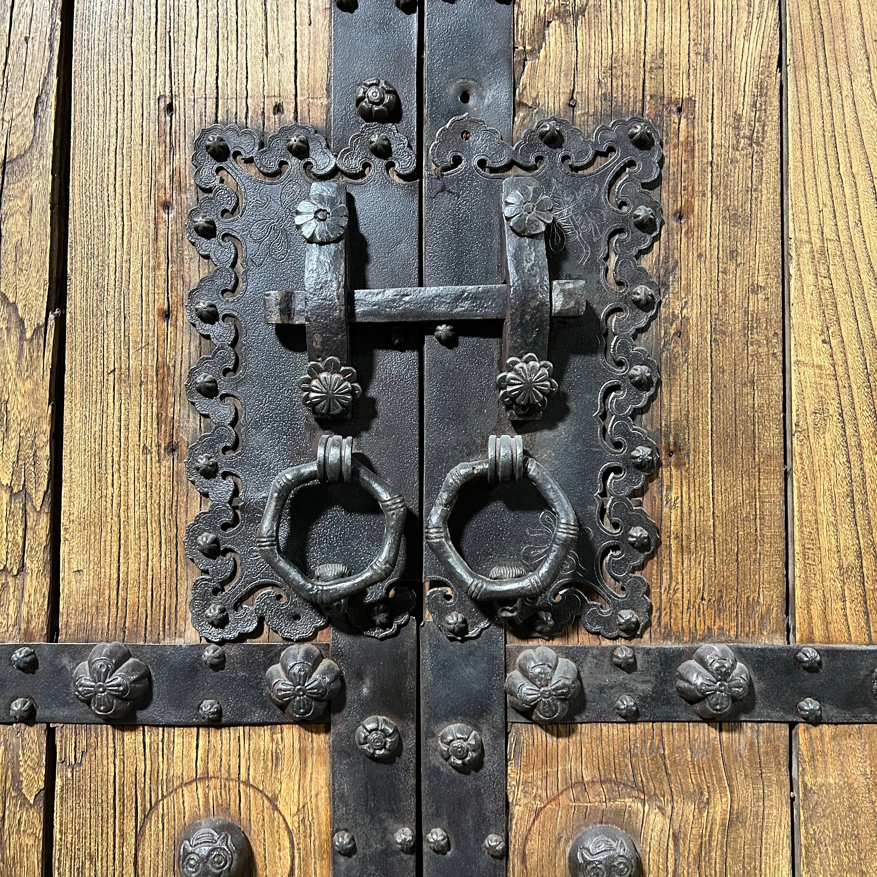 50.5"x 82.75" Antique Chinese Elm Compound Doors with Intriquite Iron Hardware