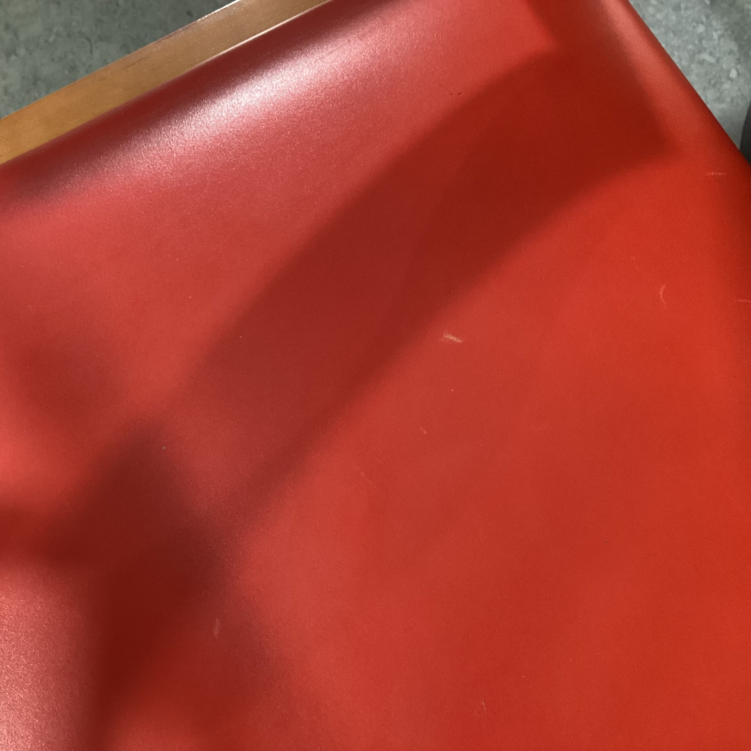 Round Finished & Pressed Maple Black Leather Like Pedestal Table with 6 Red Leather Like Chairs Dining Set 48" Diameter x 29"