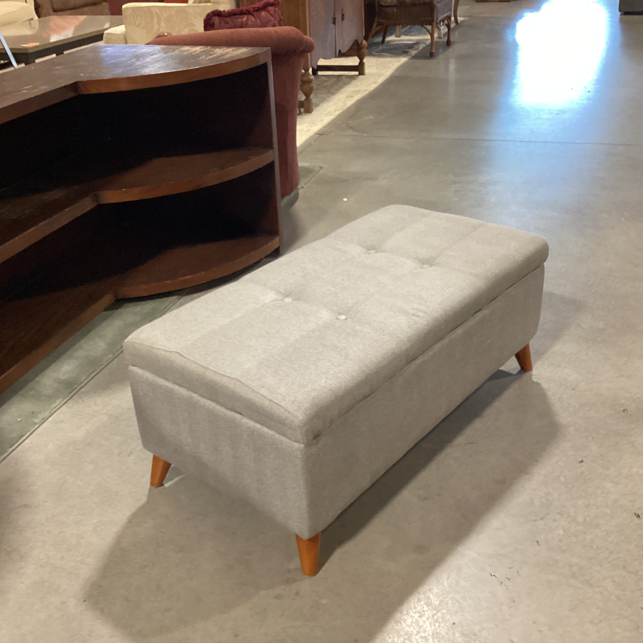 Grey Tufted & Wood Legs Storage Bench 38"x 19"x 14.5"