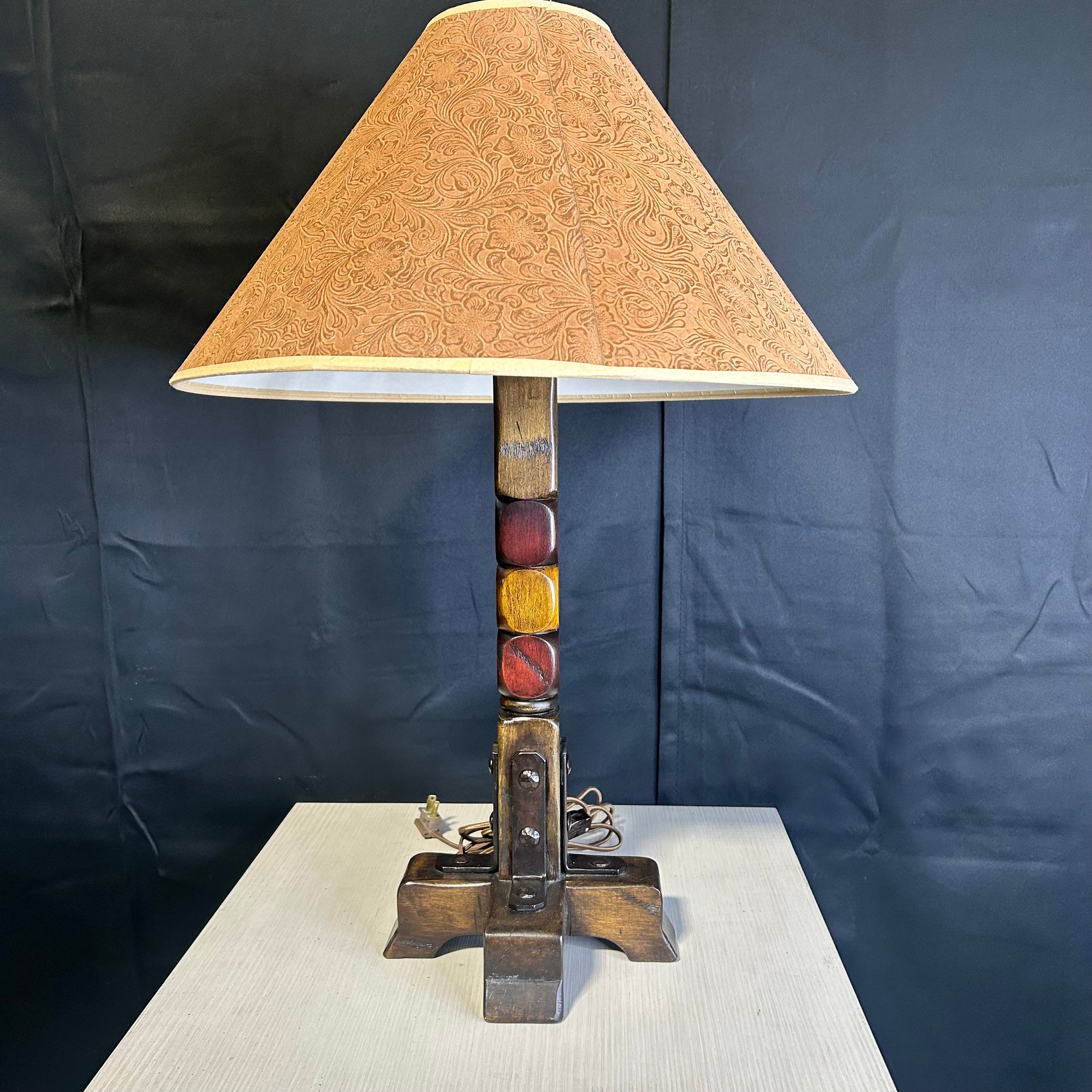 Multi-Colored Stained Wood Carved Table Lamp 9"x 9"x 27"