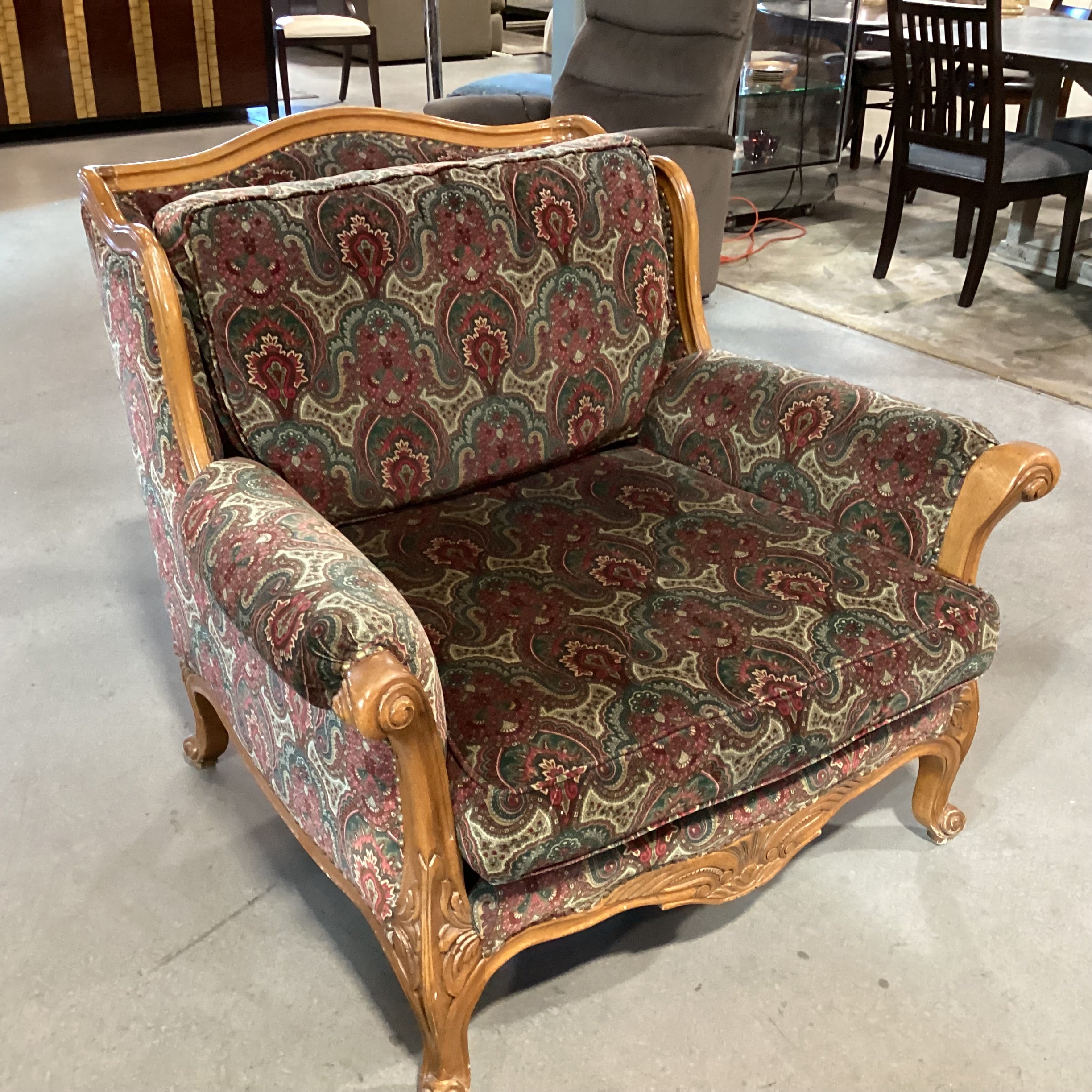 Vintage Ralph Lauren Red Green Paisley Velvet Nailhead & Carved Wood Oversized Chair 42"x 42"x 38"