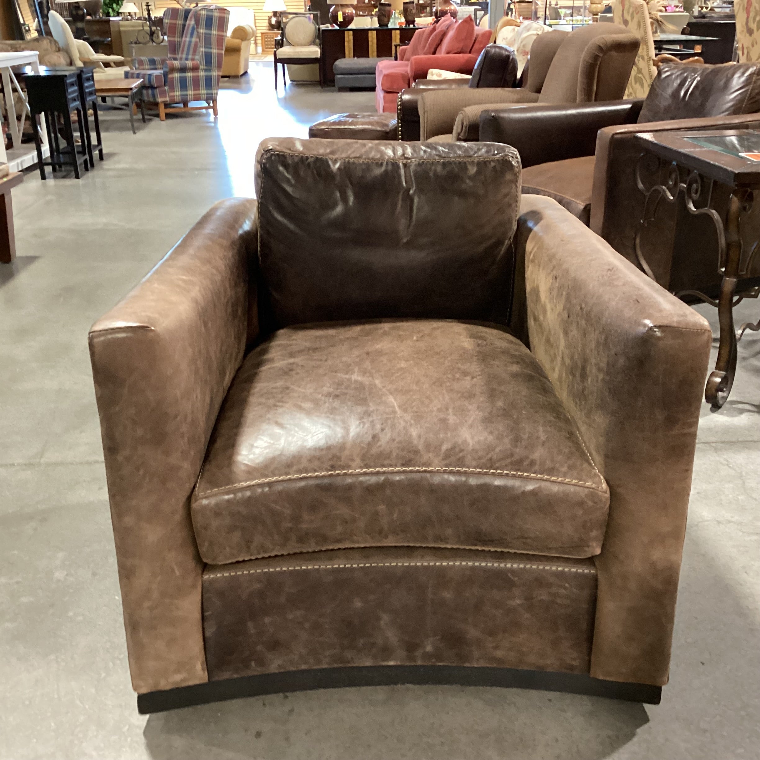 Lee Industries Distressed Leather Down Mix Track Arm Swivel Chair 34"x 39"x 28"