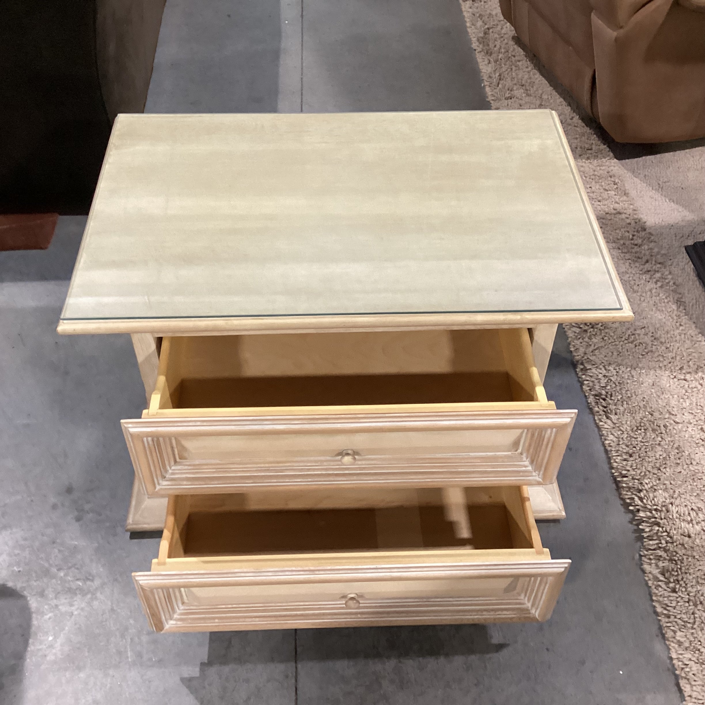 Kreiss Collection Natural Solid Carved Wood 2 Drawer Glass Top End Table 36"x 24"x 23"