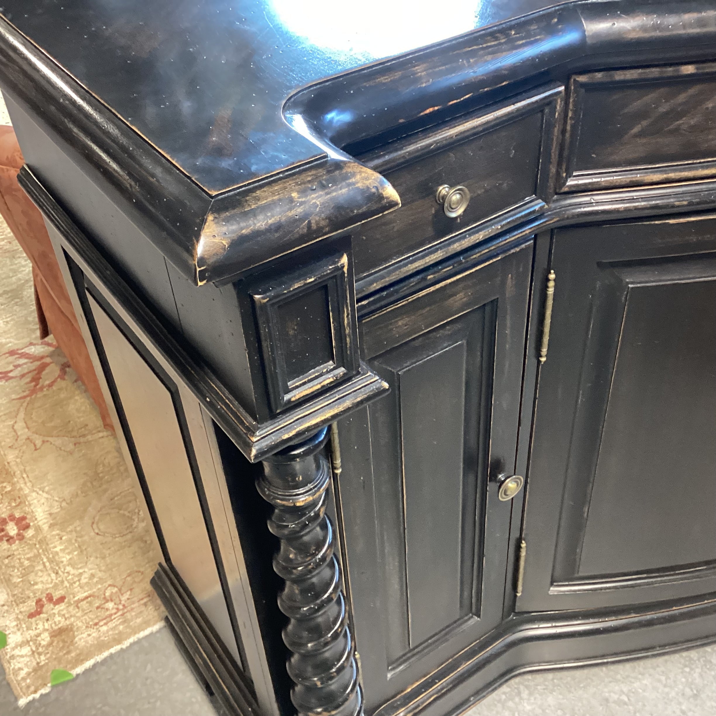 Antiqued Black Distressed Carved Wood 4 Door 6 Drawer Sideboard 96.5"x 27.5"x 42.5"