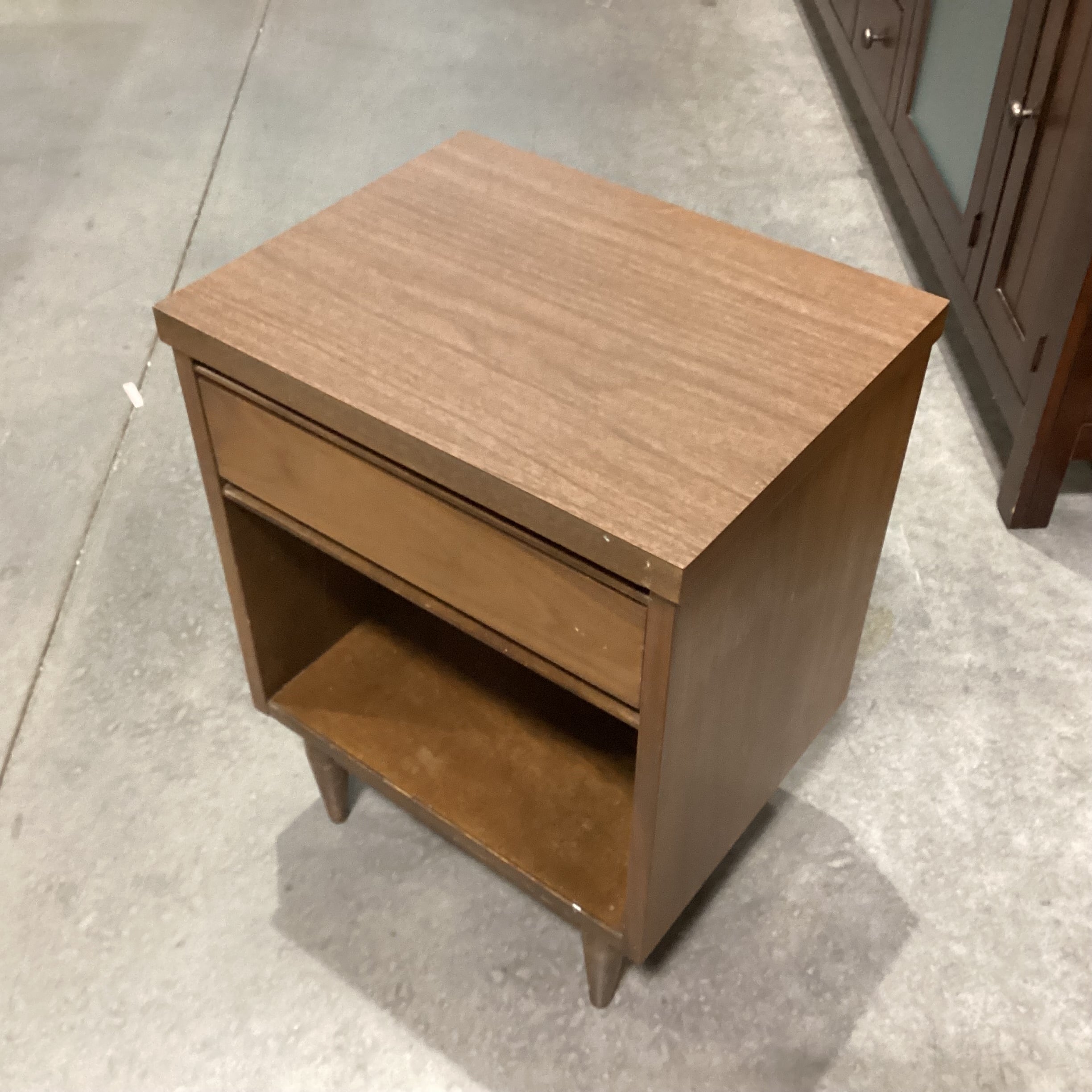Mid Century Walnut & Veneer 1 Drawer Nightstand 18"x 14"x 24"