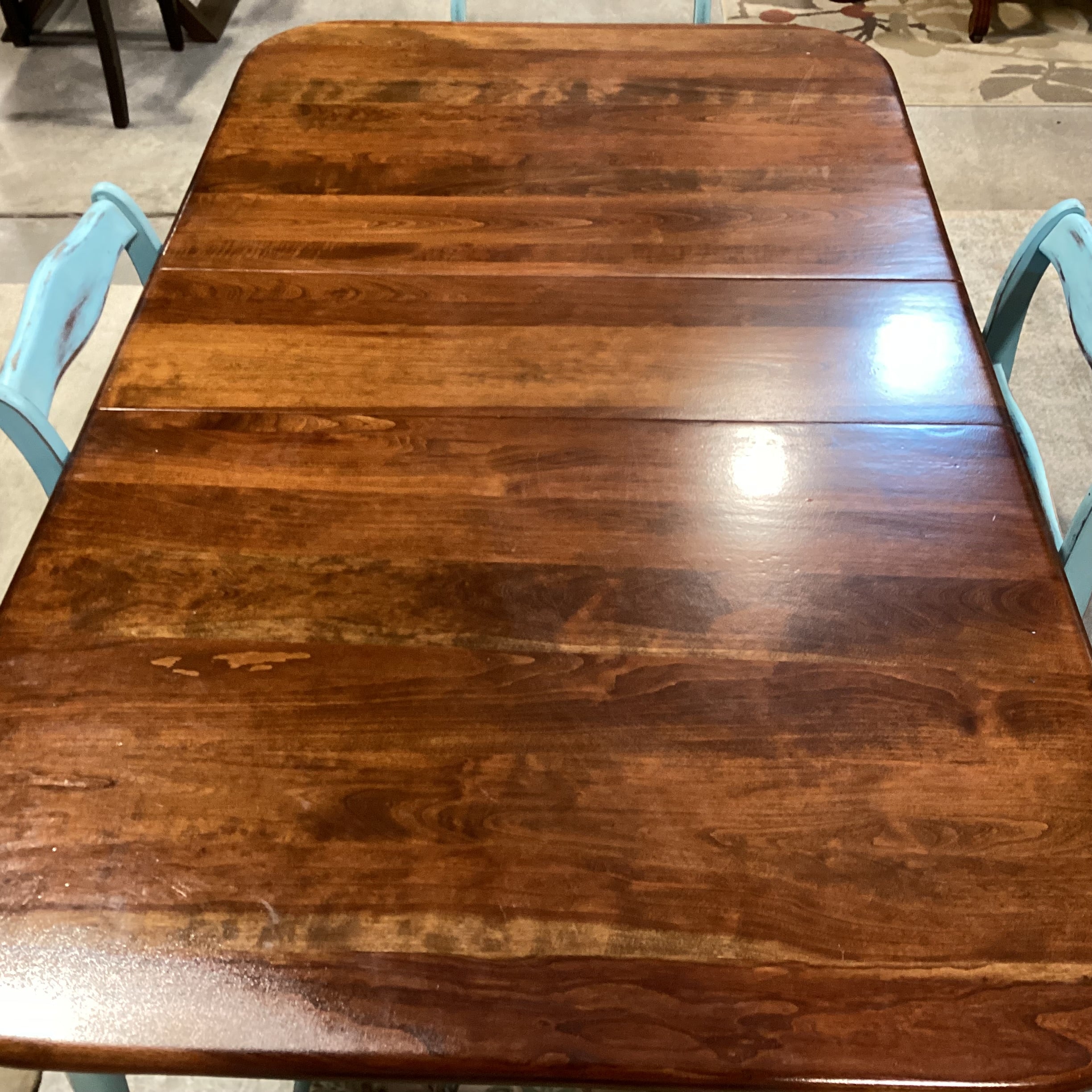 Antique Refinished Blue & Wood Table with 4 Chairs Dining Set 52"x 36"x 30.5"