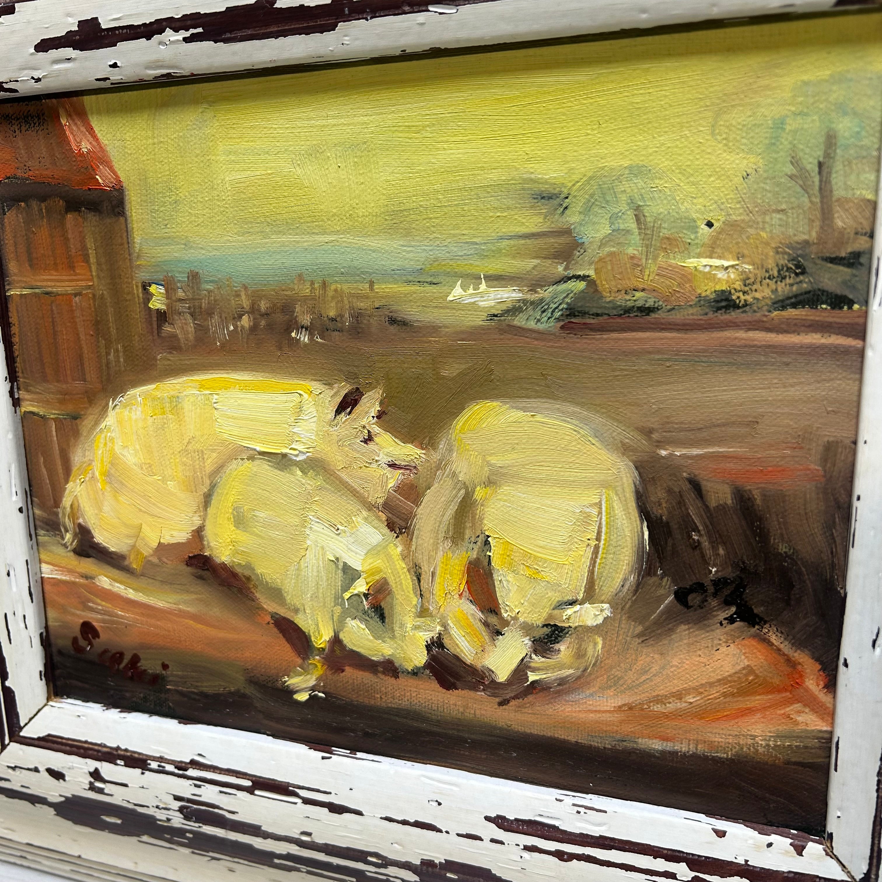 Donated B y Yun Scott (Suki) Impressionist Oil Depicting Pigs On A Farm 16.5"x14.5"