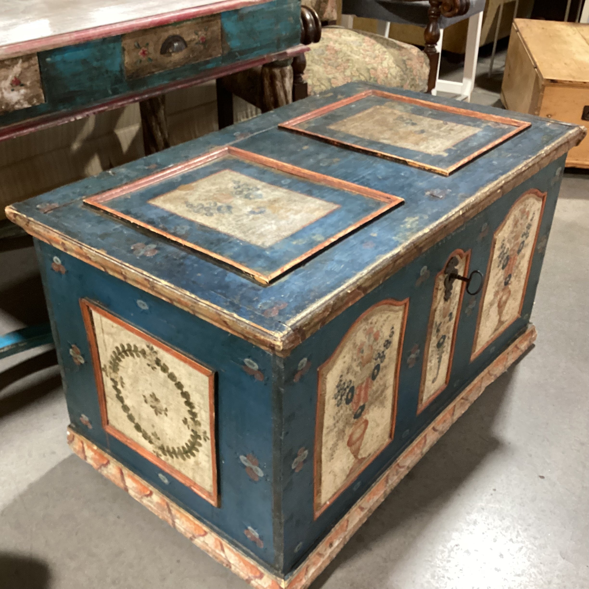 Antique Carved Wood Hand Painted Blue with Floral Panels Trunk 42"x 25"x 23.5"