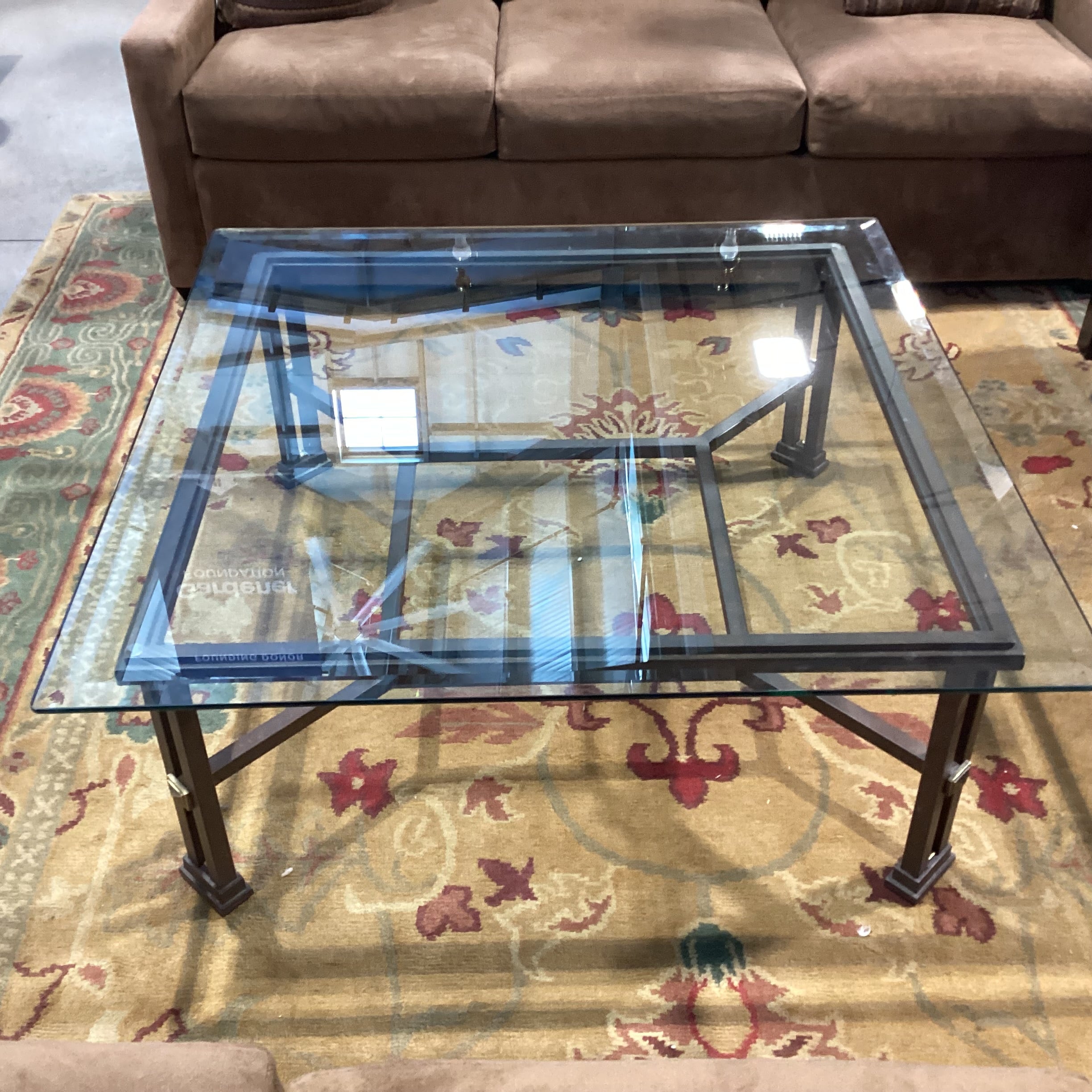 Iron with Bronze & Gold Detail Glass Top Coffee Table 45"x 45"x 17.5"