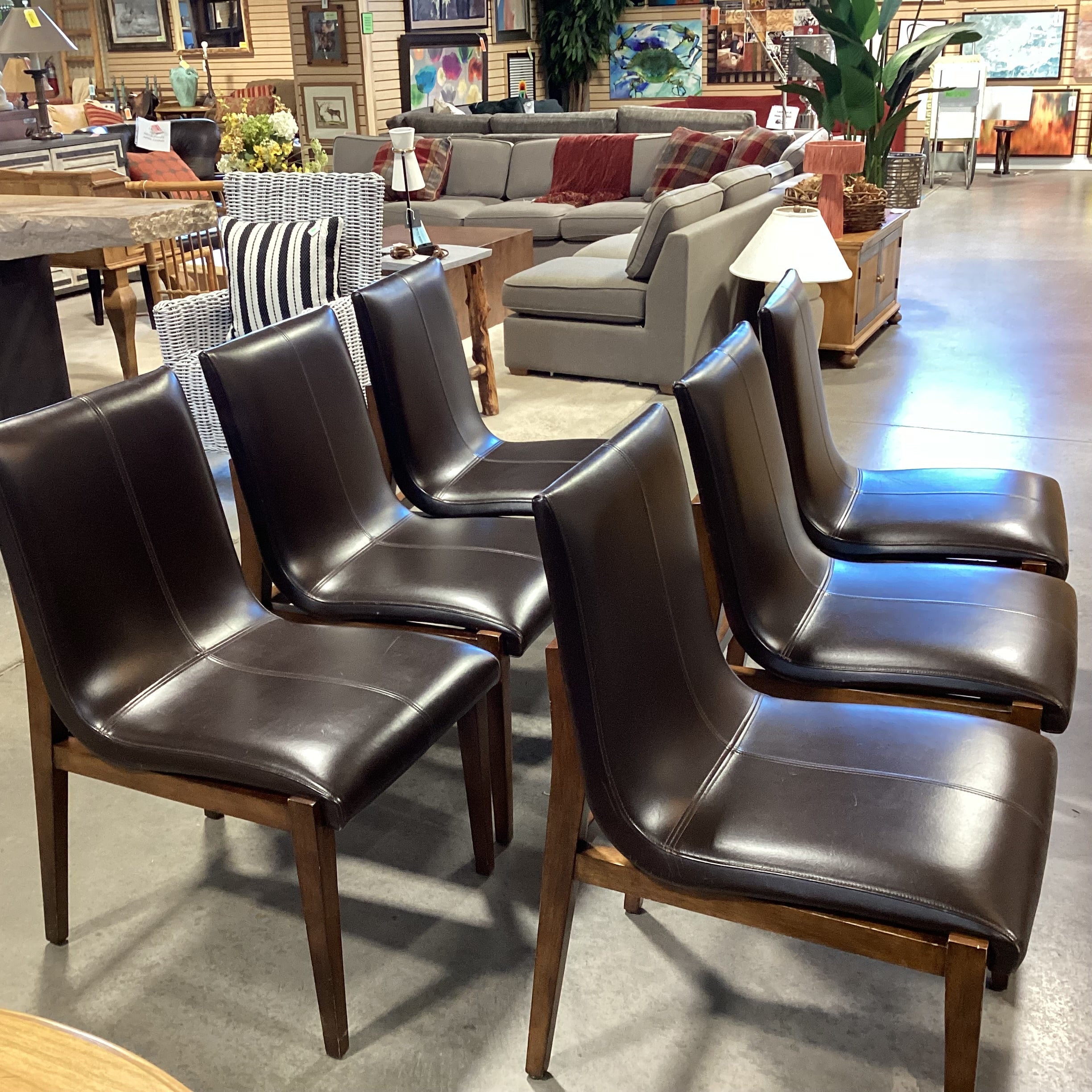 SET of 6 Brownstone Mid Century Style Chocolate Leather & Wood Dining Chairs 21"x 25"x 37"