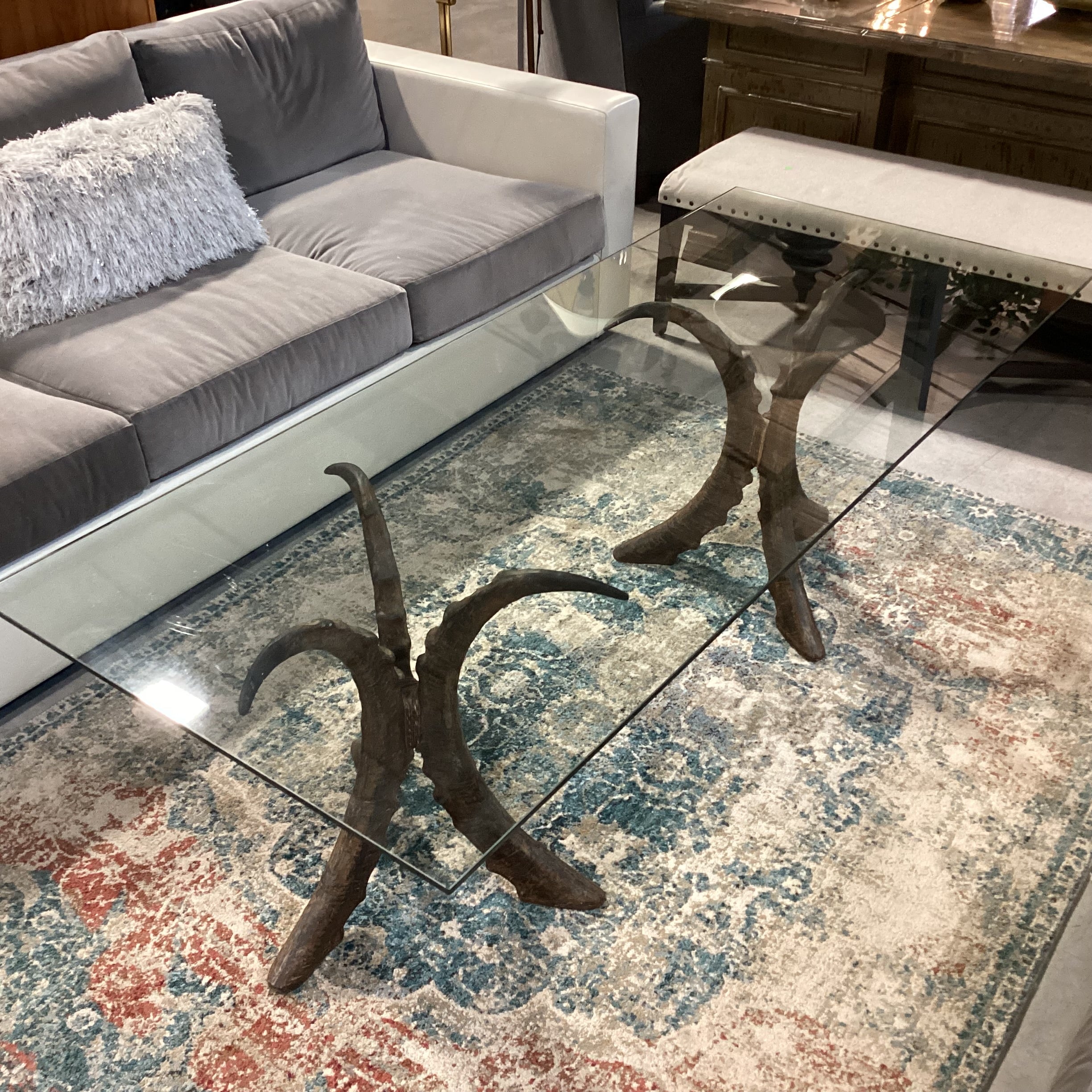 Carved Wood Tri Horn Pedestals with Glass Top Coffee Table 72"x 30"x 23"