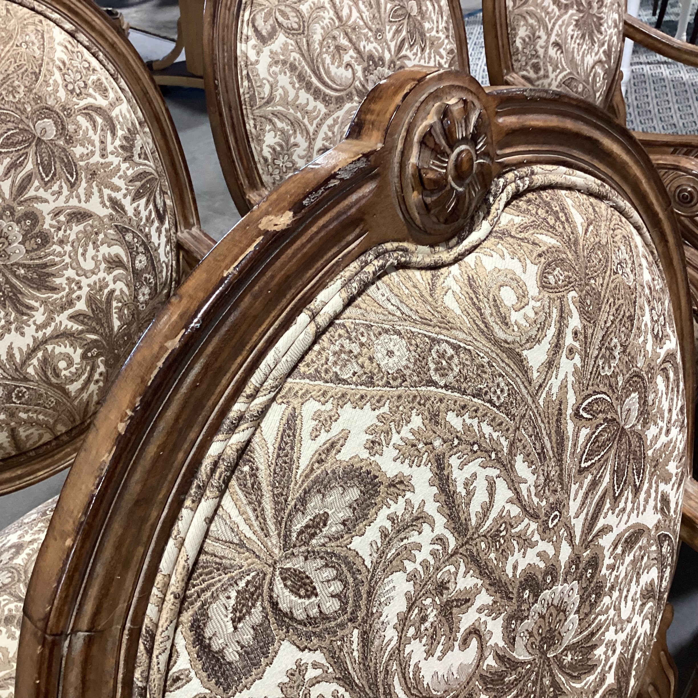 Set of 6 Kreiss Ivory Taupe & Gold Oval Back & Carved Wood Dining Chair 25"x 25"x 42"